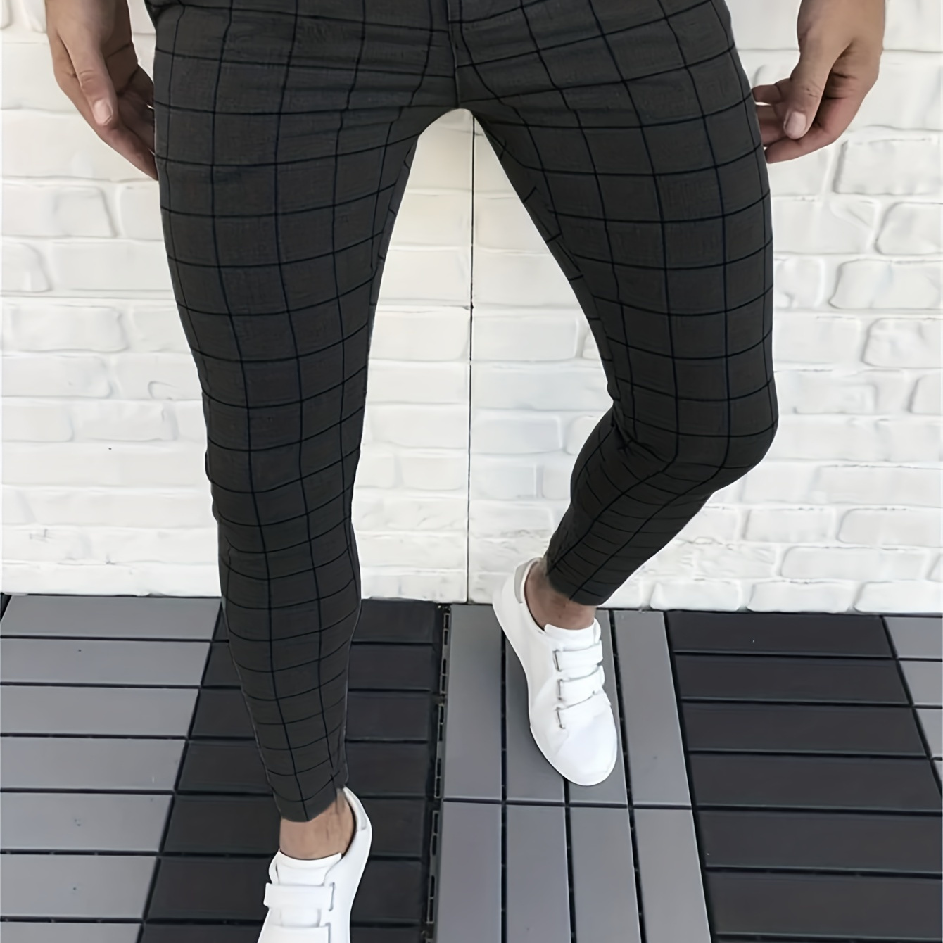 

Elegant Plaid Slacks, Men's Casual Vintage Style Dress Pants For Business Banquet