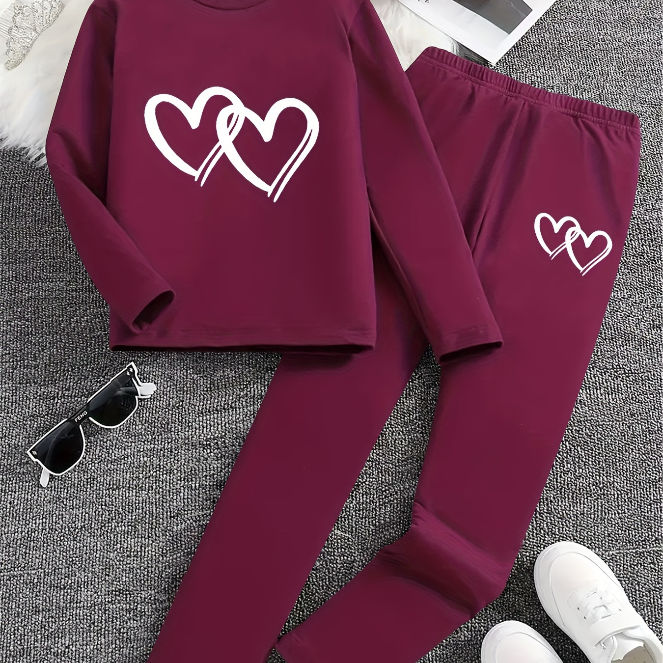 

Girls 2pcs Heart Print Set, Solid Color Long Sleeve T-shirt And Trousers Casual Suit