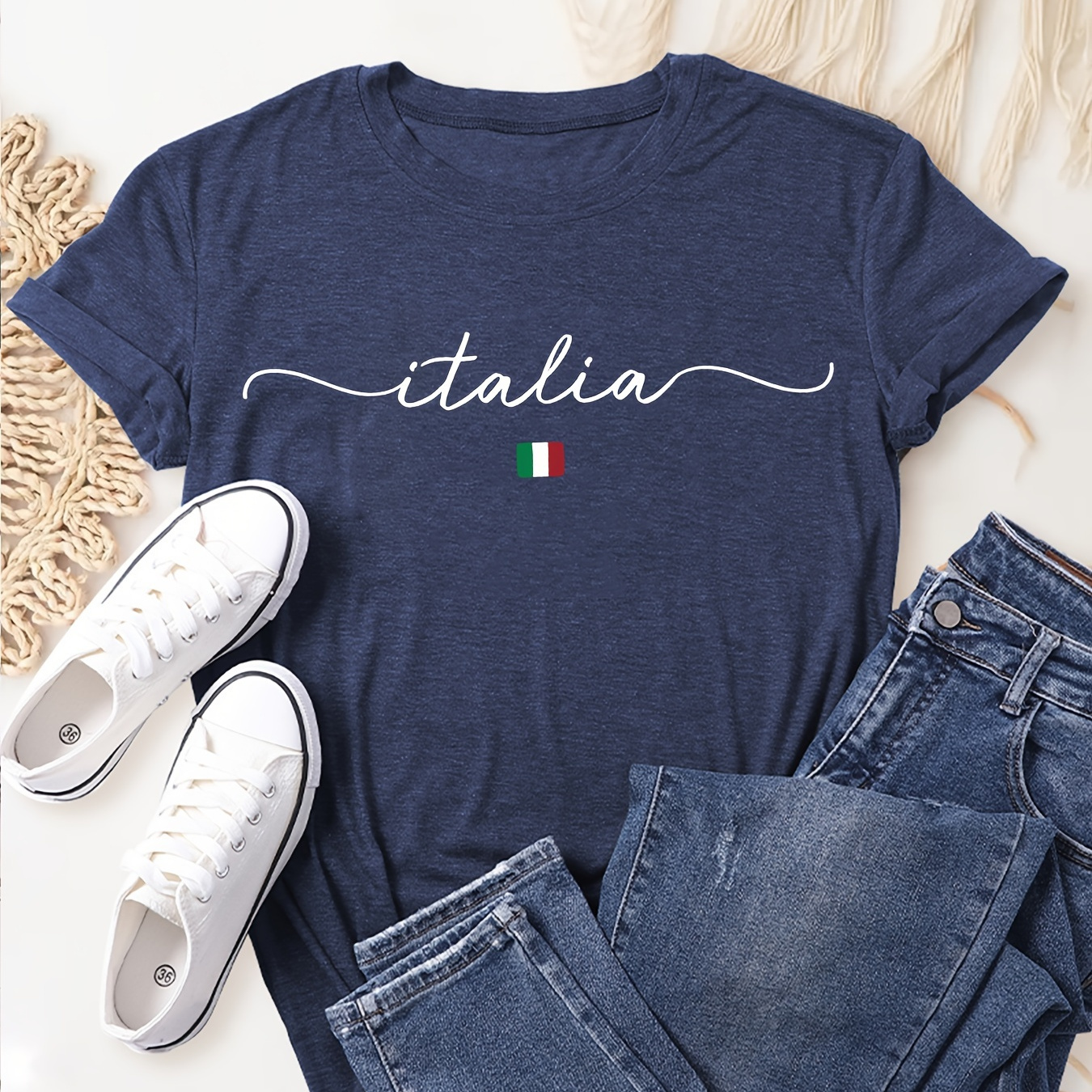 

Italia Print Crew Neck T-shirt, Casual Short Sleeve Top For Spring & Summer, Women's Clothing
