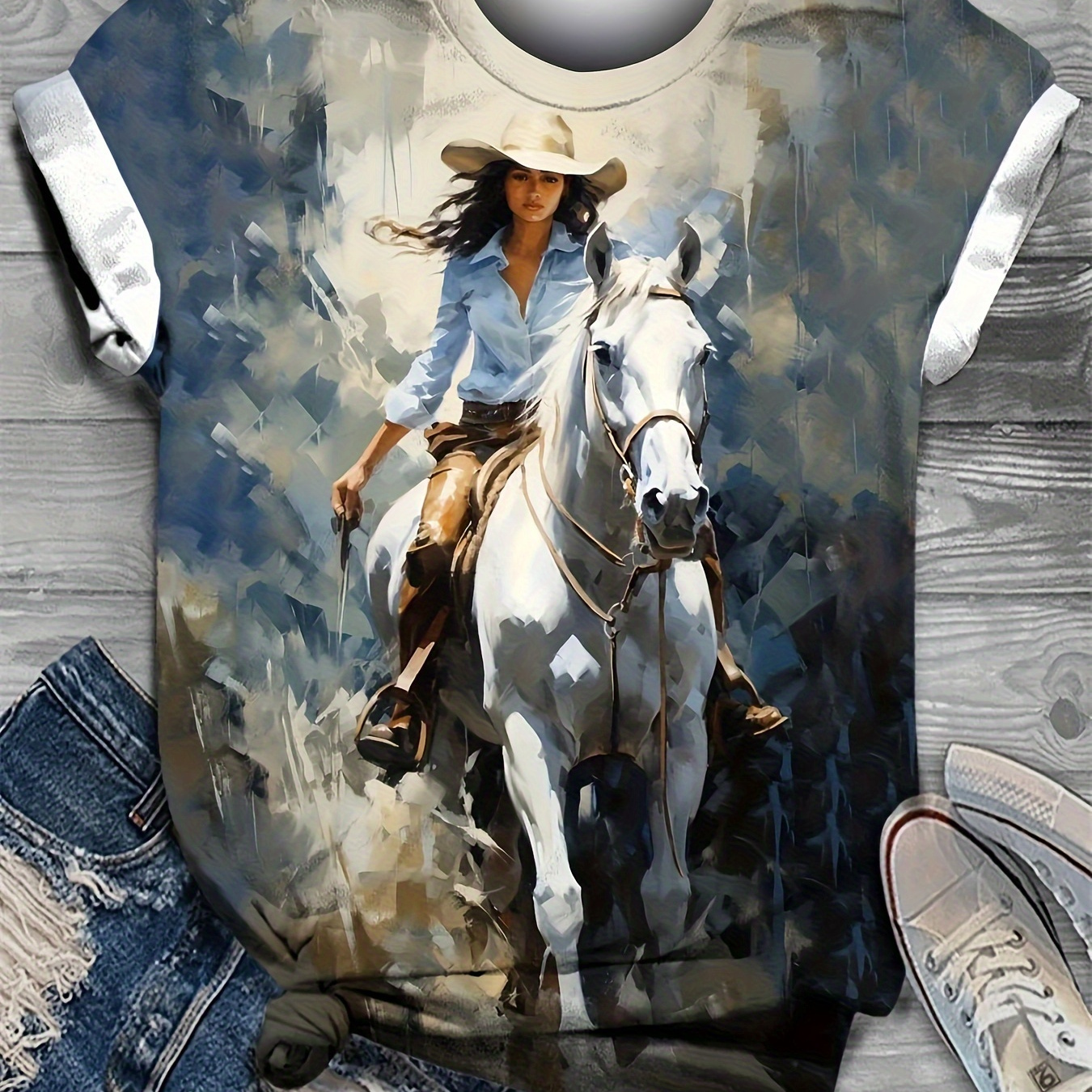 

Cowgirl Print Crew Neck T-shirt, Short Sleeve Casual Top For Spring & Summer, Women's Clothing