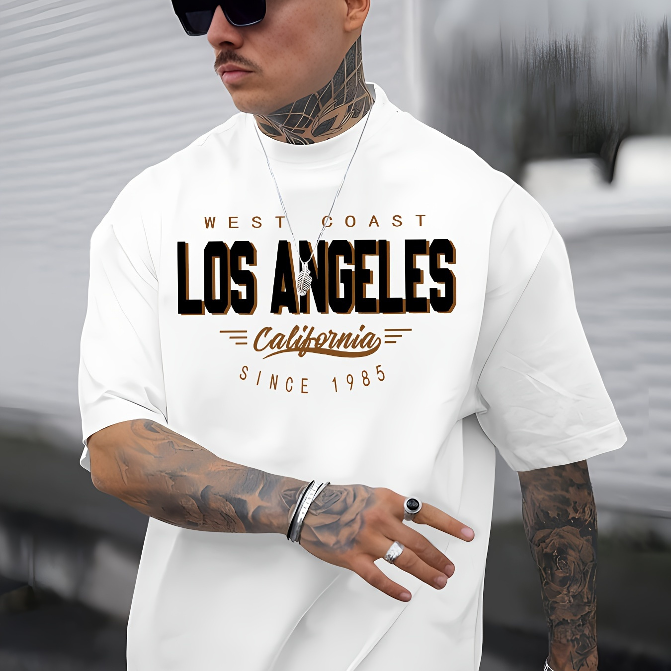 

T-shirt décontracté fantaisie pour homme, " Los Angeles" Imprimé de lettres Manches courtes Été et printemps Haut, Coupe confortable, T-shirt élégant à col rond pour un usage quotidien