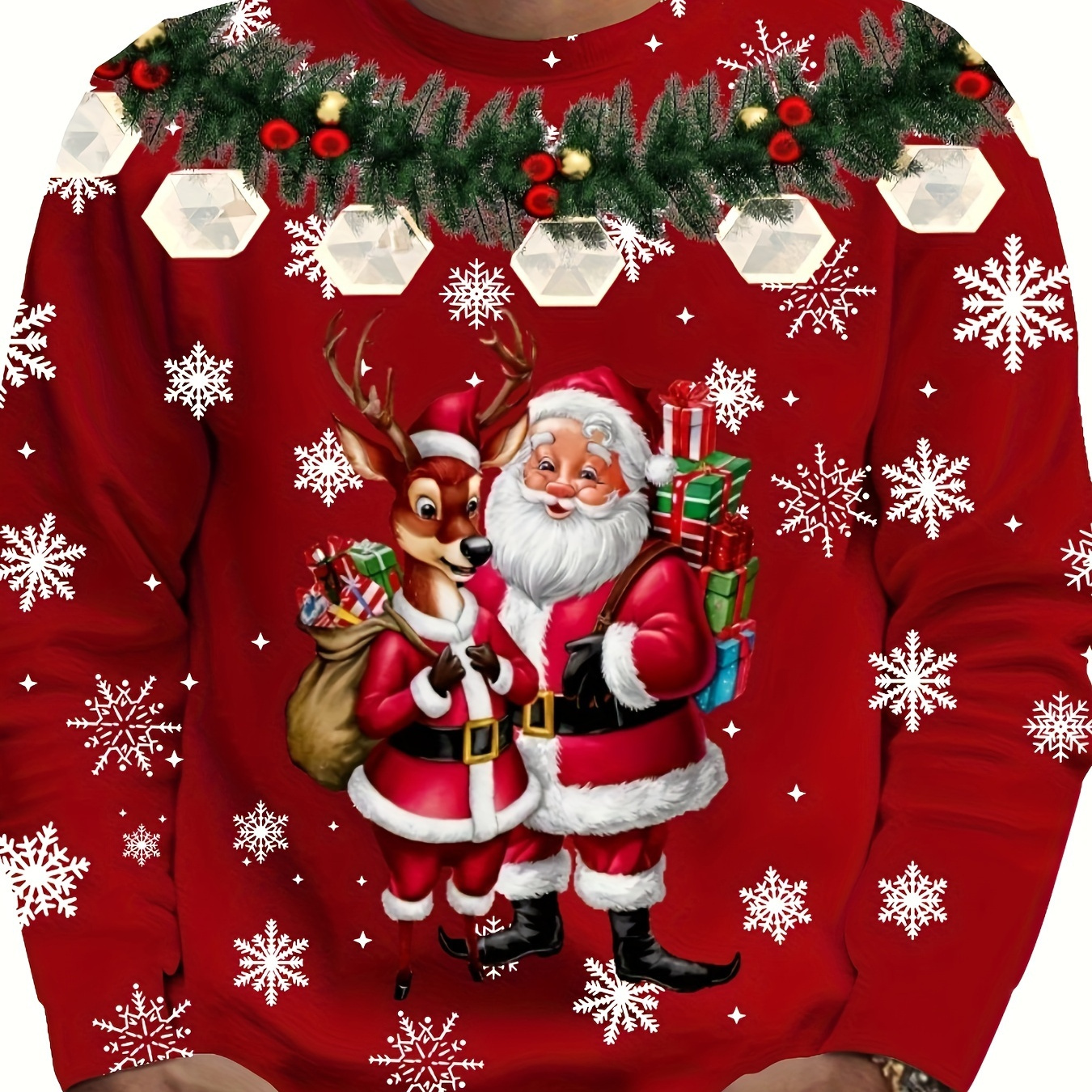 

Men's Santa & Reindeer Christmas Print Long Sleeve T-shirt - Casual Polyester Spandex Crew Neck With Slight Stretch For Fall/winter