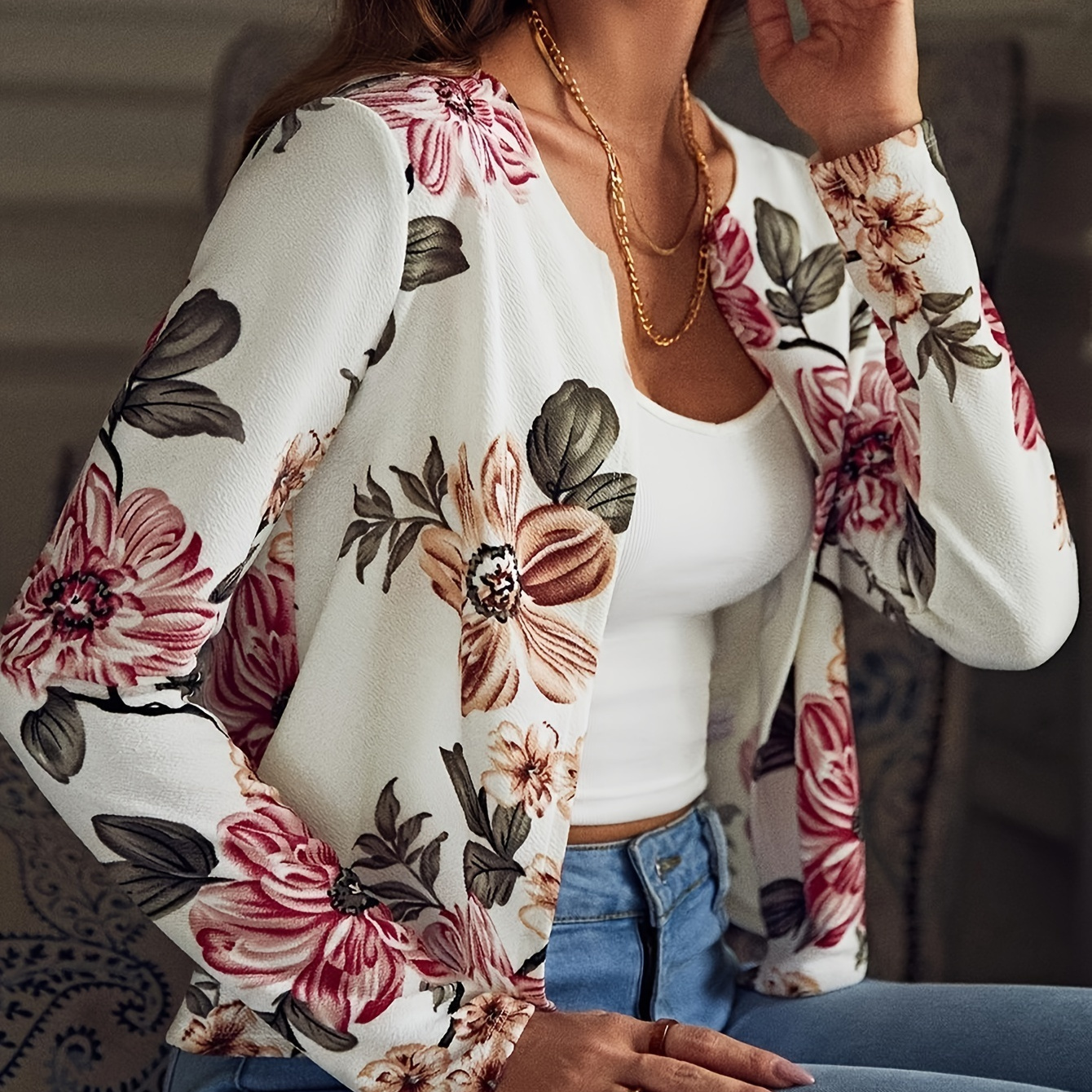 

Floral Print Open Front Jacket, Elegant Long Sleeve Jacket For Fall & Spring, Women's Clothing