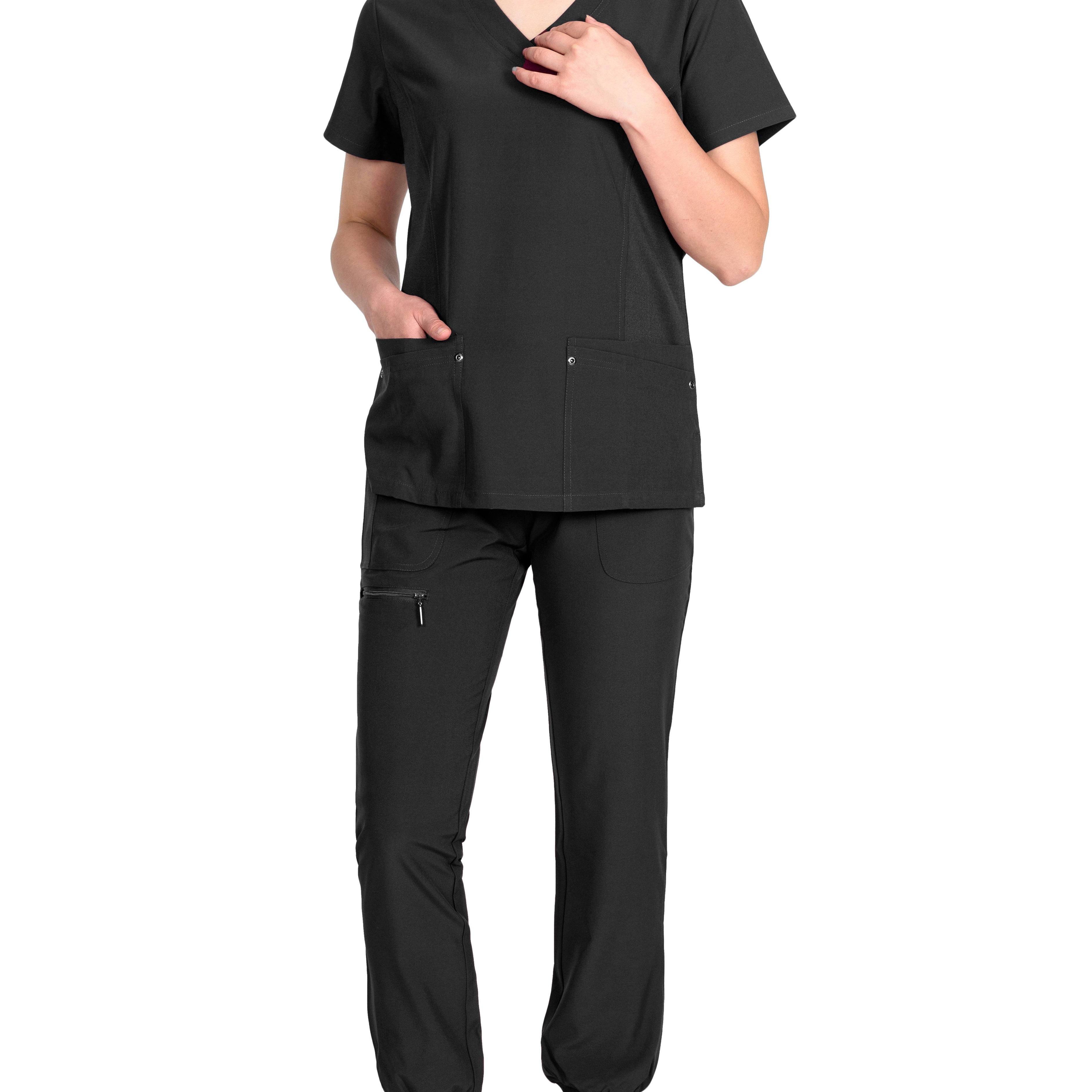 Solid Functional Two-piece Set, Health Care Short Sleeve Top & Drawstring Pants Outfits For Nurse, Women's Clothing