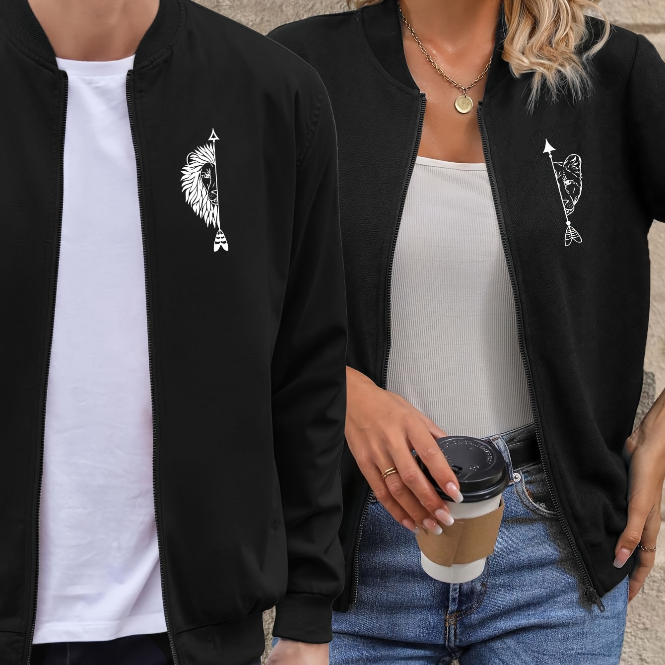 

Couple Set Spring/autumn/winter Printed Women's Casual Jacket With Collar And Zipper Long Sleeve Jacket