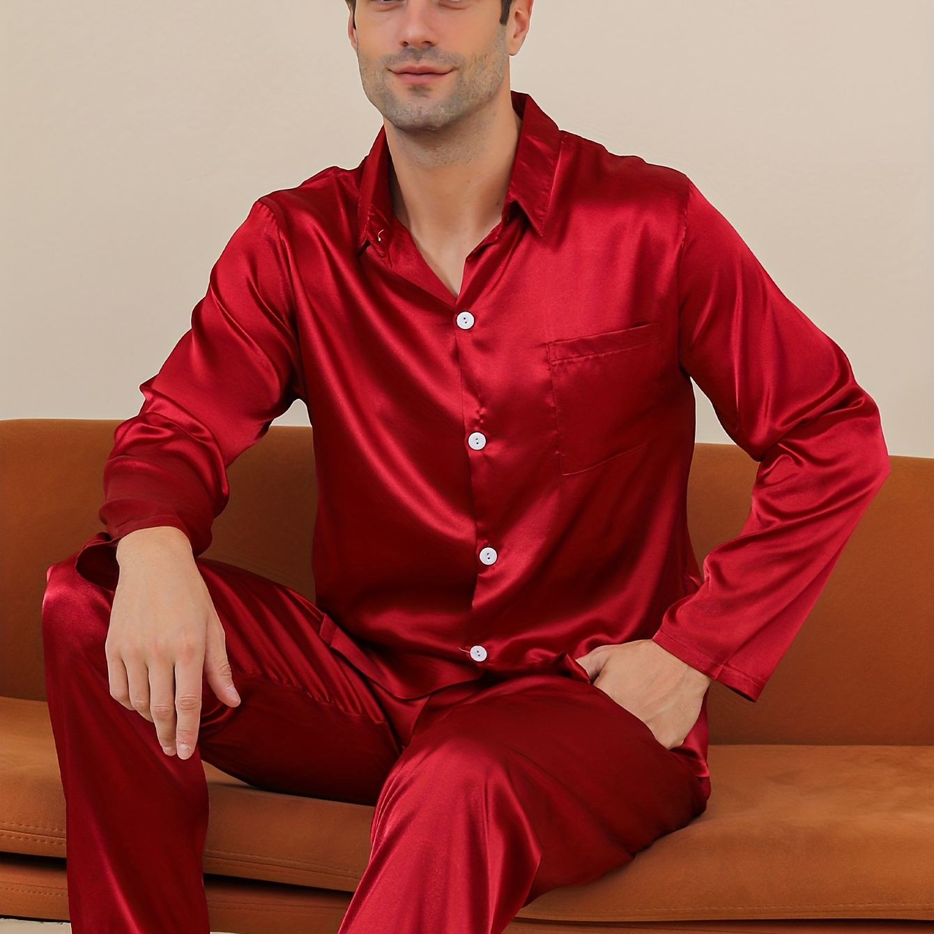 

2pcs Men's Satin Shirt Collar Long-sleeved Top And Trousers Pajama Set, Suitable For All