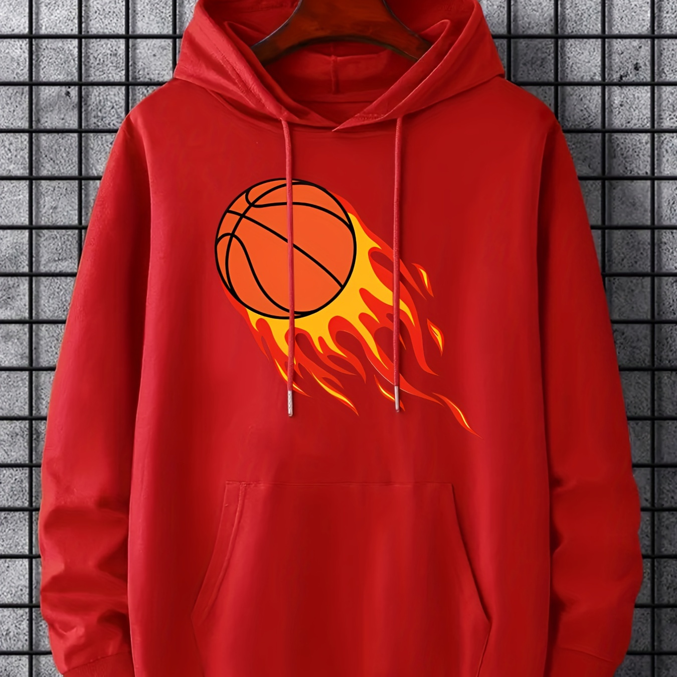 

Basketball On Fire Print Hoodie, Hoodies For Men, Men's Casual Graphic Design Pullover Hooded Sweatshirt With Kangaroo Pocket Streetwear For Winter Fall, As Gifts