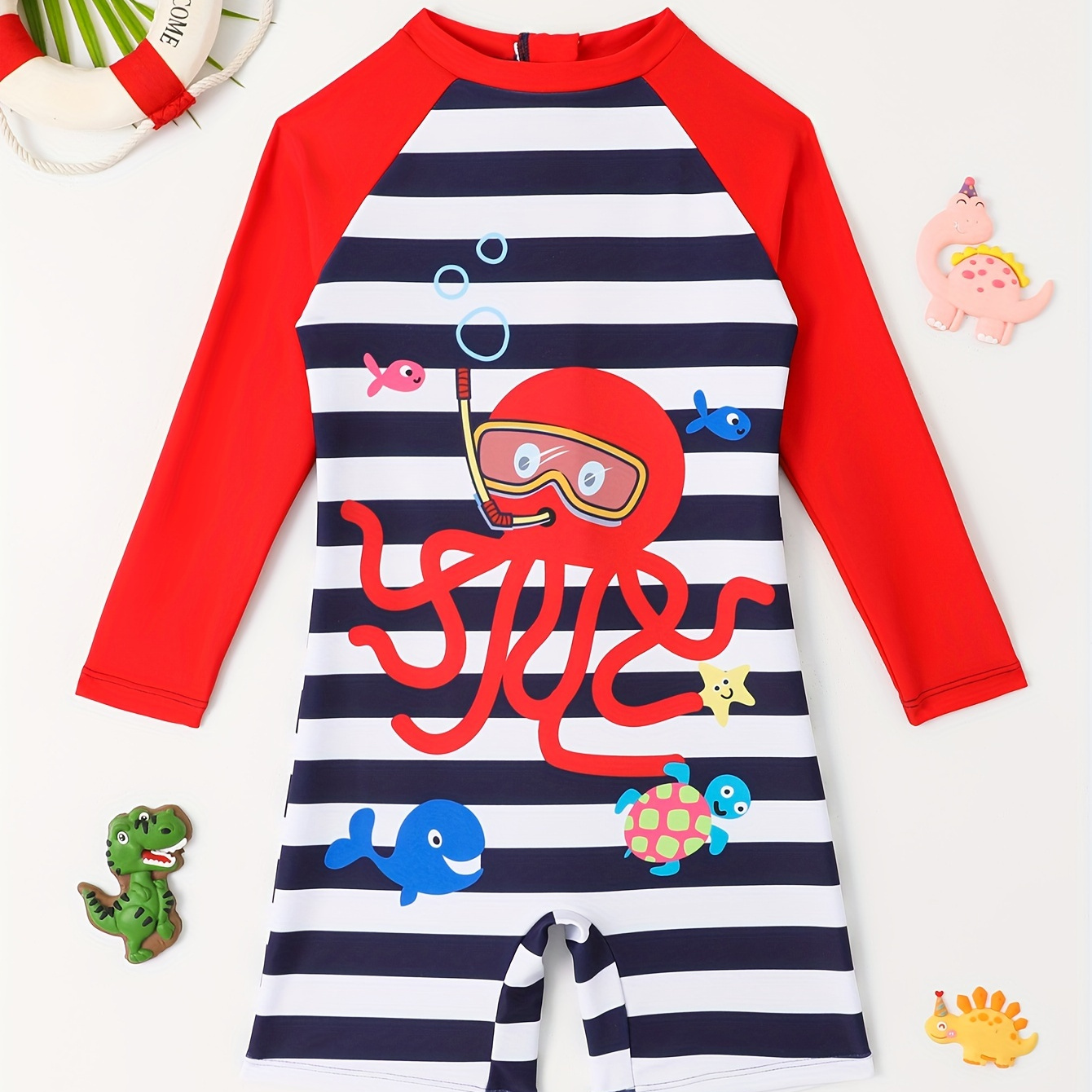 

Baby Boys One-piece Rash Guard Swimsuit, Cute Nautical Striped Swimwear With Cartoon Marine Animals, Sun Protection, Red And Blue With Zipper Closure For Toddlers