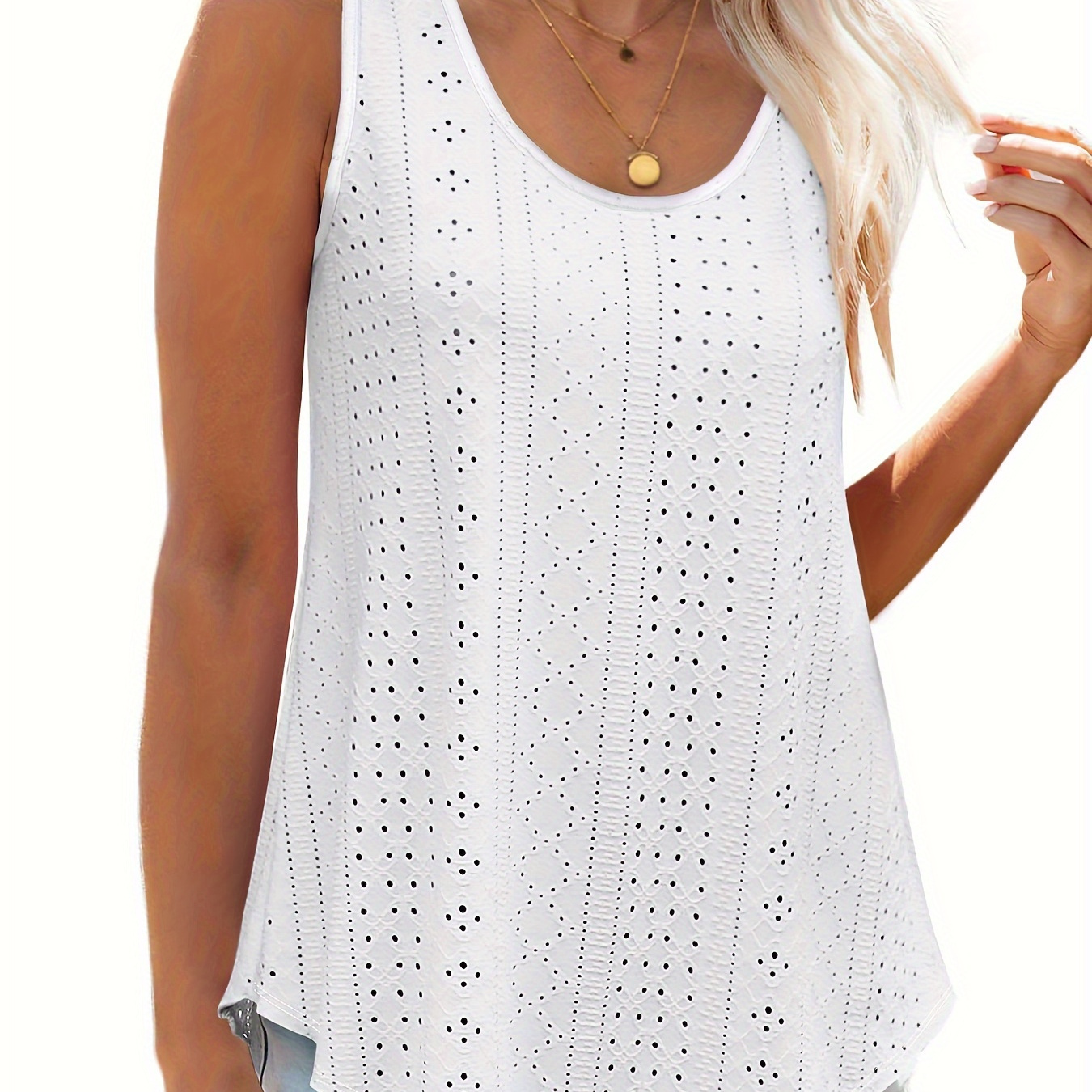 

Plus Size Eyelet Cut Out Tank Top, Casual Crew Neck Sleeveless Tank Top For Summer, Women's Plus Size clothing