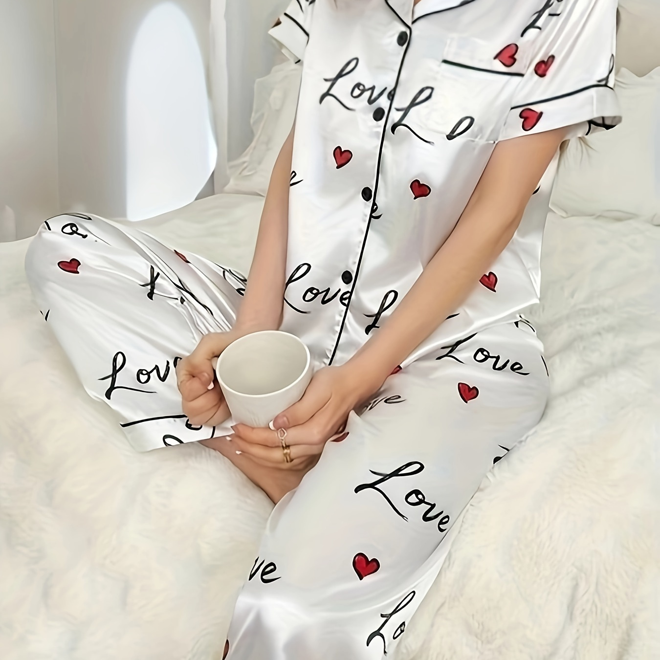 

& Letter Print Satin Casual Pajama Set, Short Sleeve Buttons Lapel Top & Pants, Comfortable Relaxed Fit