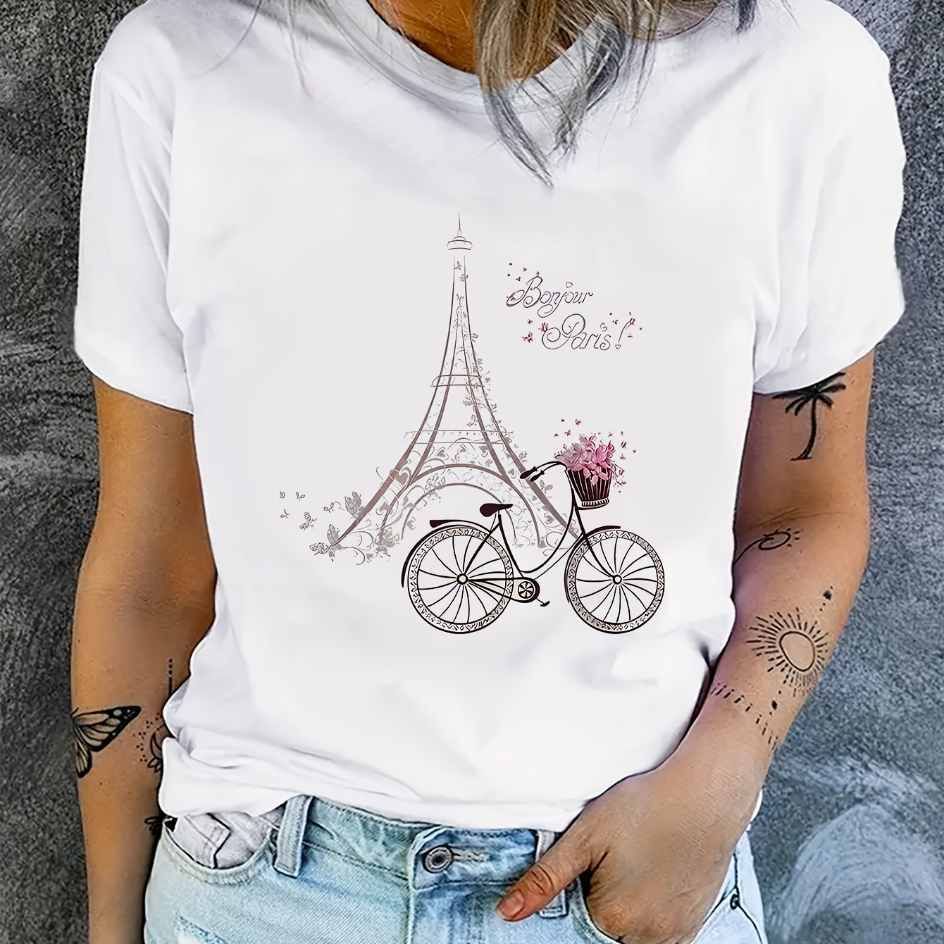 

Paris Print T-shirt, Short Sleeve Crew Neck Casual Top For Summer & Spring, Women's Clothing