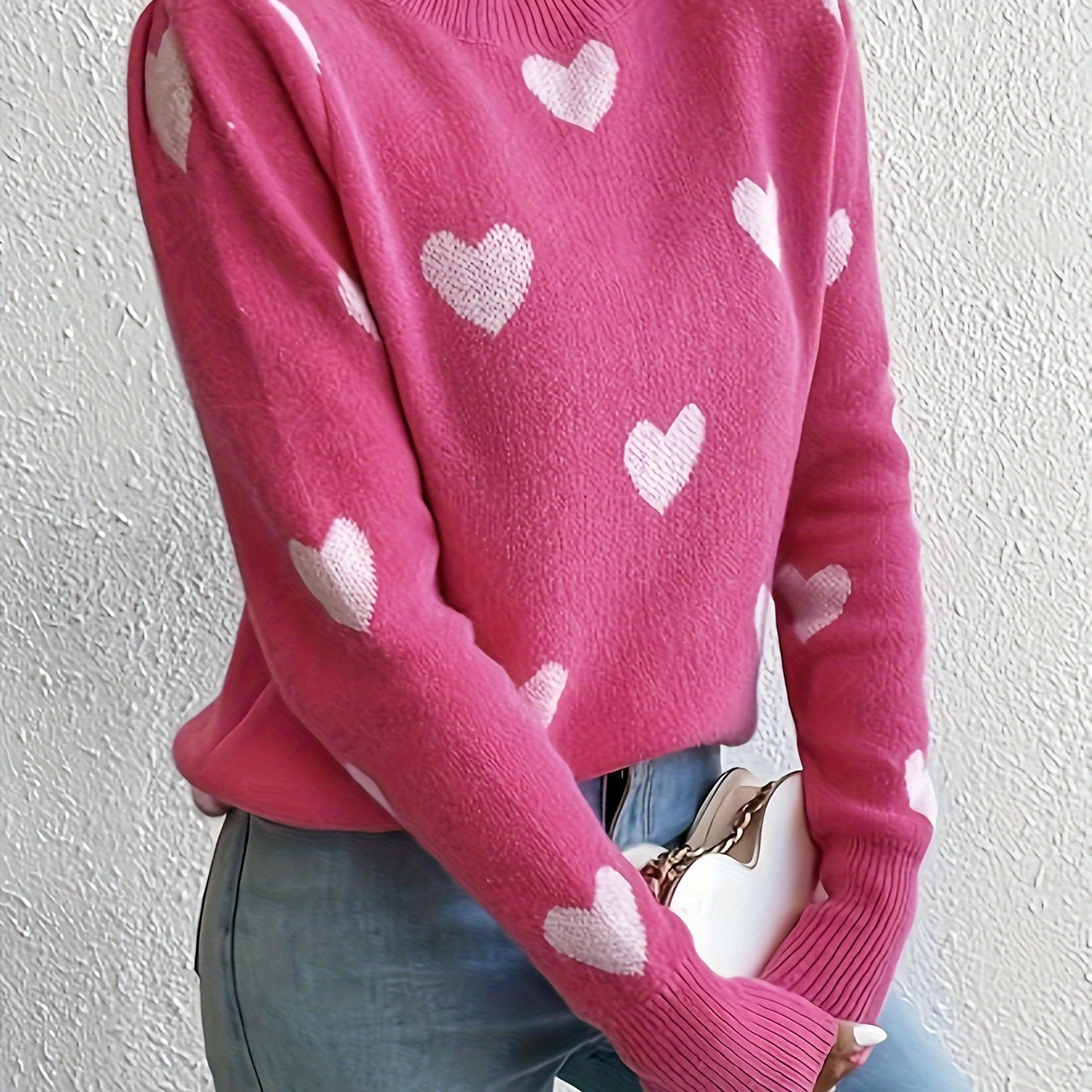 

Women's Elegant Pink Heart Pattern Sweater - Soft Polyester, Round Neck, Long Sleeve, Machine Washable, Stylish Knit Pullover, Sweater|elegant Knitwear|knitted Texture, Knit Sweater