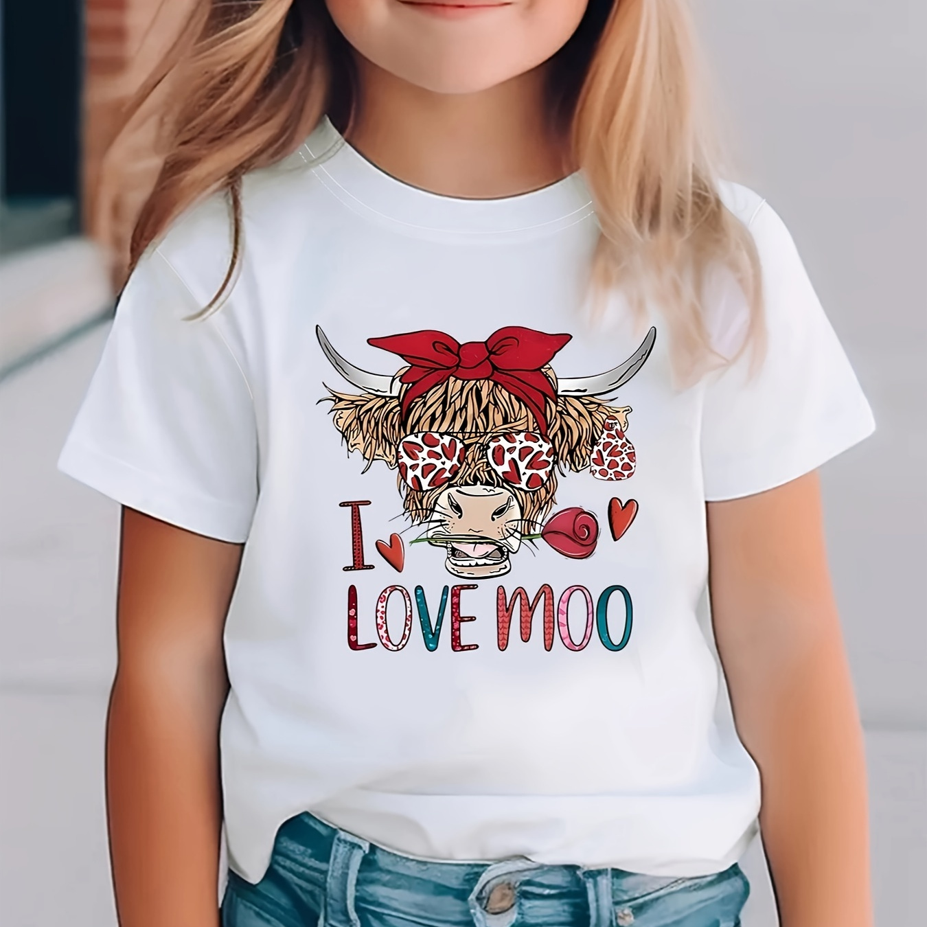 

Girls Cute I Love Moo & Cow Graphic Crew Neck Short Sleeve T-shirt Summer Clothes Valentine's Day