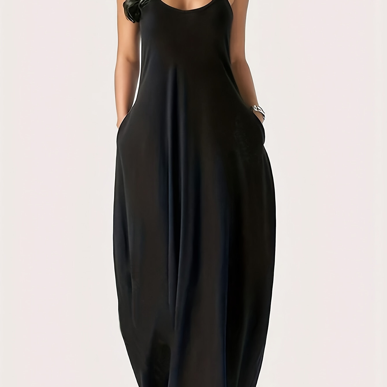 

Elegant Women' Color Black Maxi Dress - Casual Italian Spaghetti Strap, Sleeveless, Polyester , Machine Washable For Summer, Spaghetti Suspender Dress