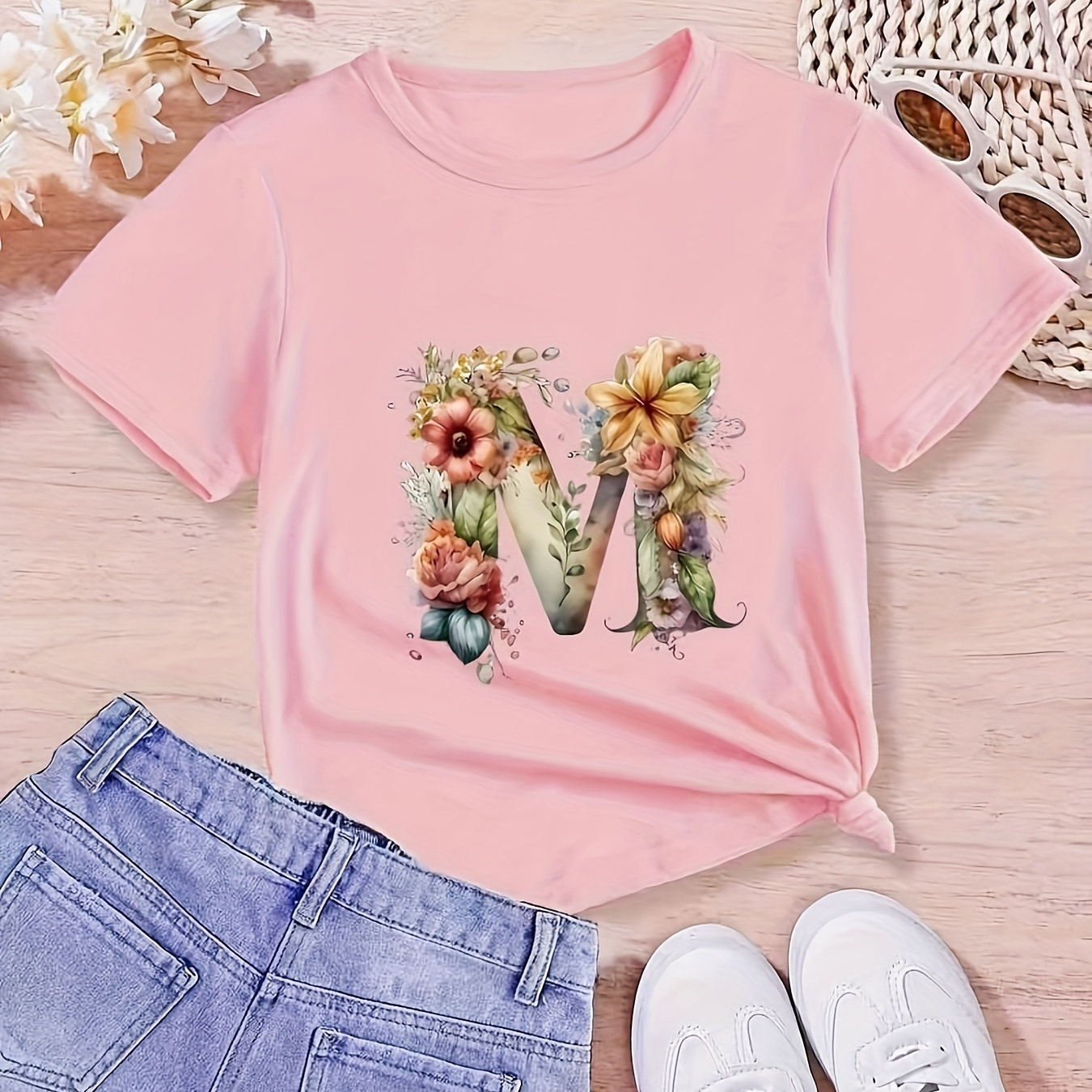 

Letter-m Print, Girls' Crew Neck Short Sleeve T-shirt, Casual And Comfy Summer Top