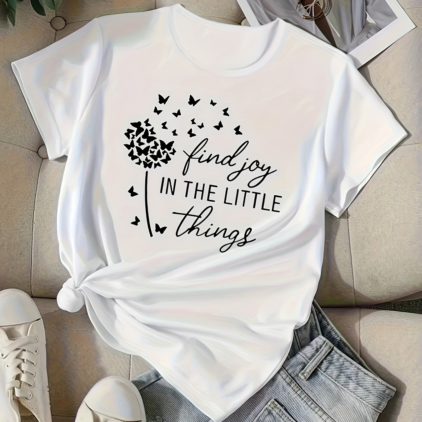 

Find Joy In The Little Things Print T-shirt, Casual Crew Neck Short Sleeve T-shirt For Spring & Summer, Women's Clothing
