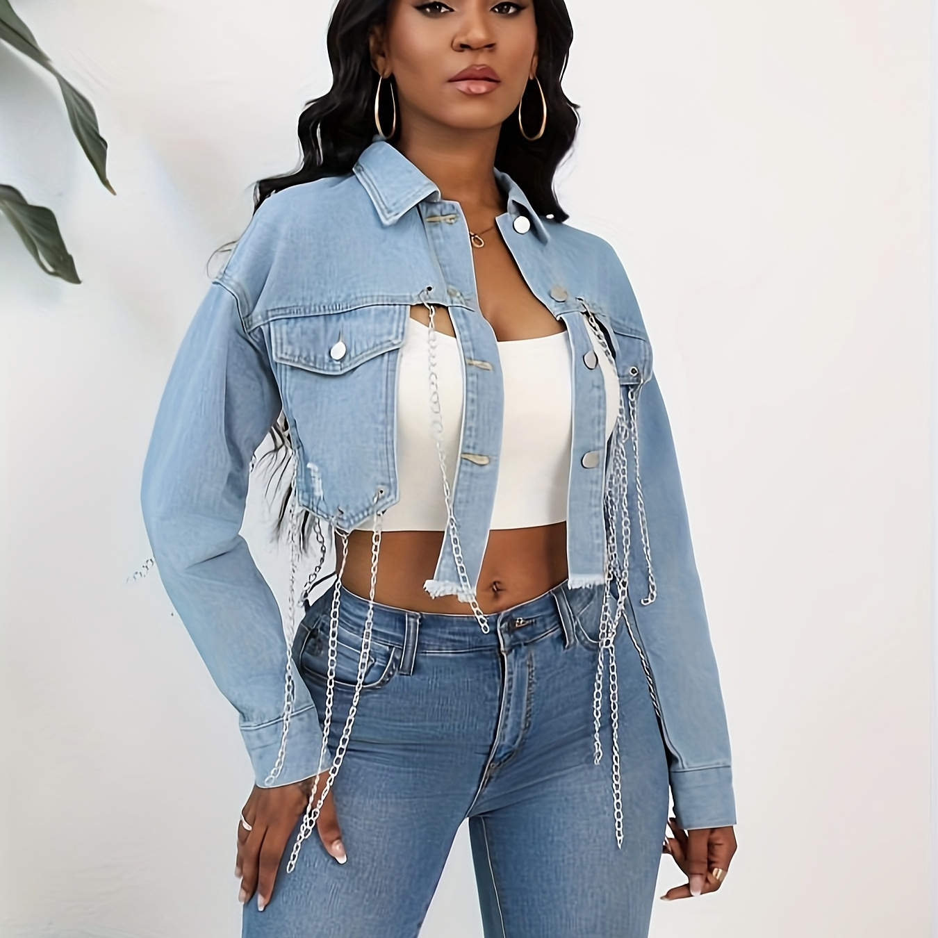 

Women's Fashion Chain Fringe Distressed Cropped Denim Jacket, Casual Style, Light Blue Jean Coat For Streetwear & Trendy Looks