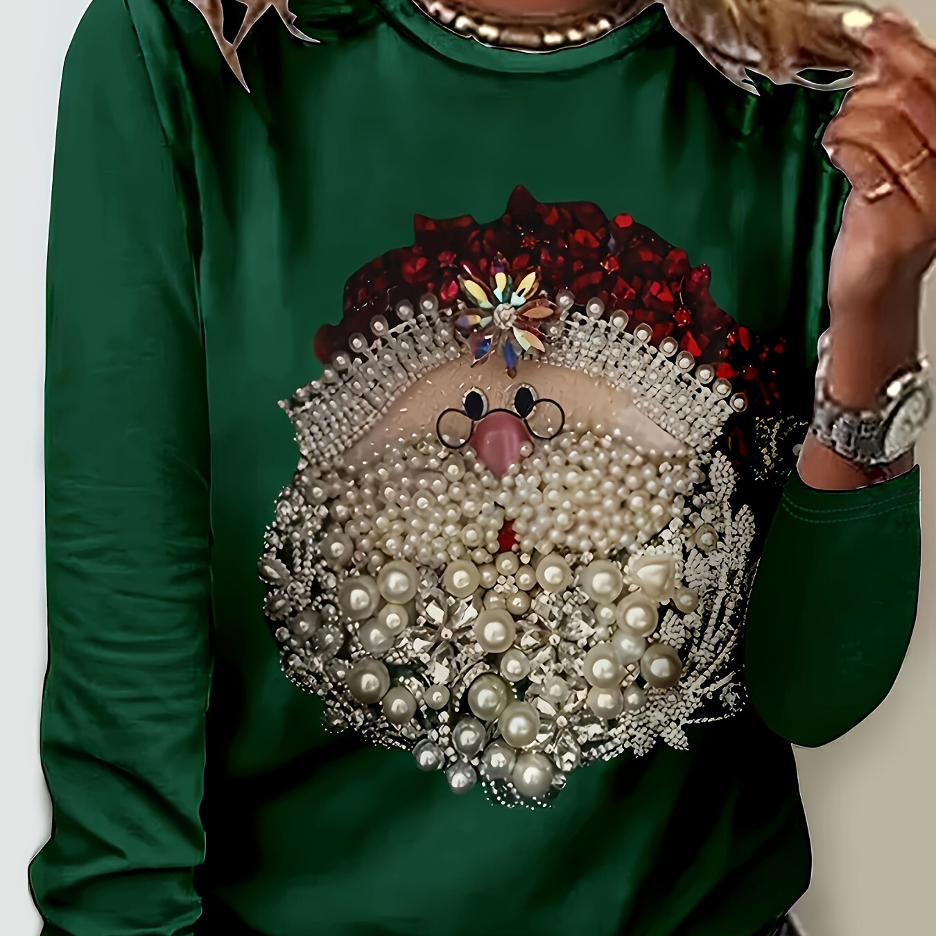 

Women's Casual Crew Neck Long Sleeve T-shirt With Embellished Pearl Portrait Print - Polyester Knit Fabric With Elastane (95% Polyester, 5% Elastane) For Spring/fall