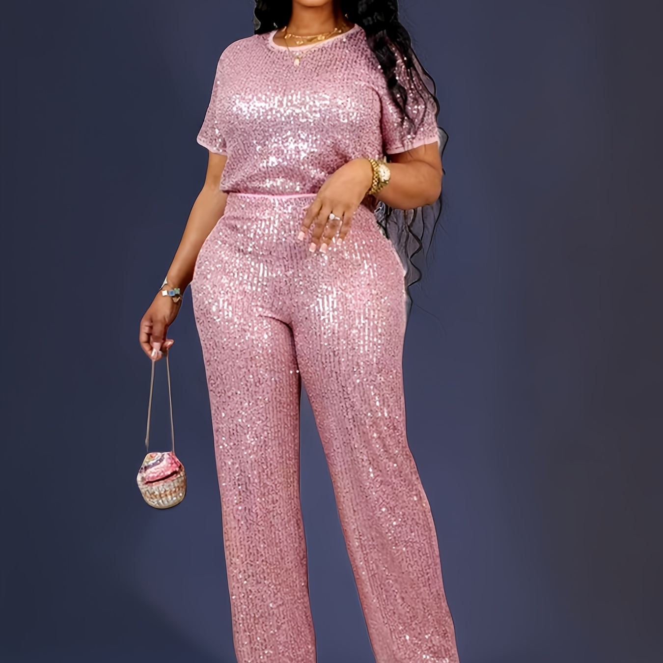 

2 Pcs Sequin Casual Short Sleeved T-shirt And Straight Pant Set