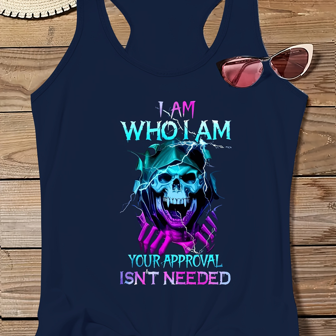 

Plus Size Skull Print Tank Top, Casual Lace Stitching Crew Neck Tank Top For Summer, Women's Plus Size clothing