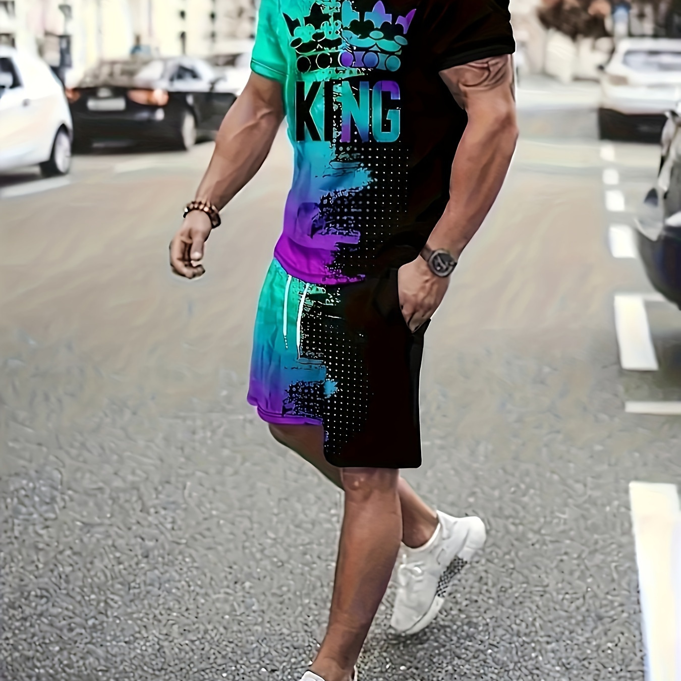 

Men's Outfit, Color Matching King Graphic Print Active Crew Neck Short Sleeve T-shirt & Shorts 2-piece Set For Summer Outdoor Activities