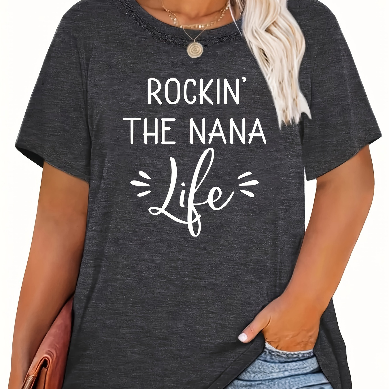 

Plus Size Rockin & Nana Print T-shirt, Casual Short Sleeve Crew Neck Top For Spring & Summer, Women's Plus Size Clothing