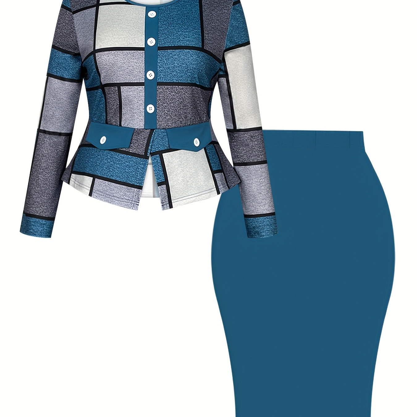 

Plus Size Casual Spring Skirt Set, Geo Print Button Decor Split Front Crew Neck Long Sleeve Top & Solid Color Skirt Outfits, Women's Plus Size Clothing