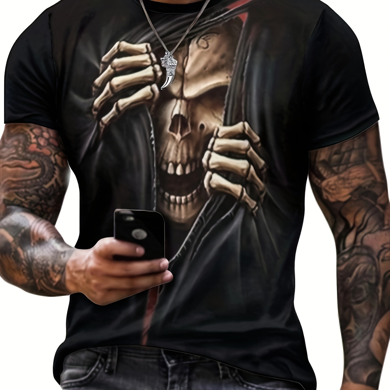 

Men's 3d Skull Graphic T-shirt - Short Sleeve, Black Edgy Streetwear Design With Zipper Detail, Lightweight Polyester, Spring, Summer, And Fall, Casual Streetwear | Edgy Graphic Tee | Polyester Fabric