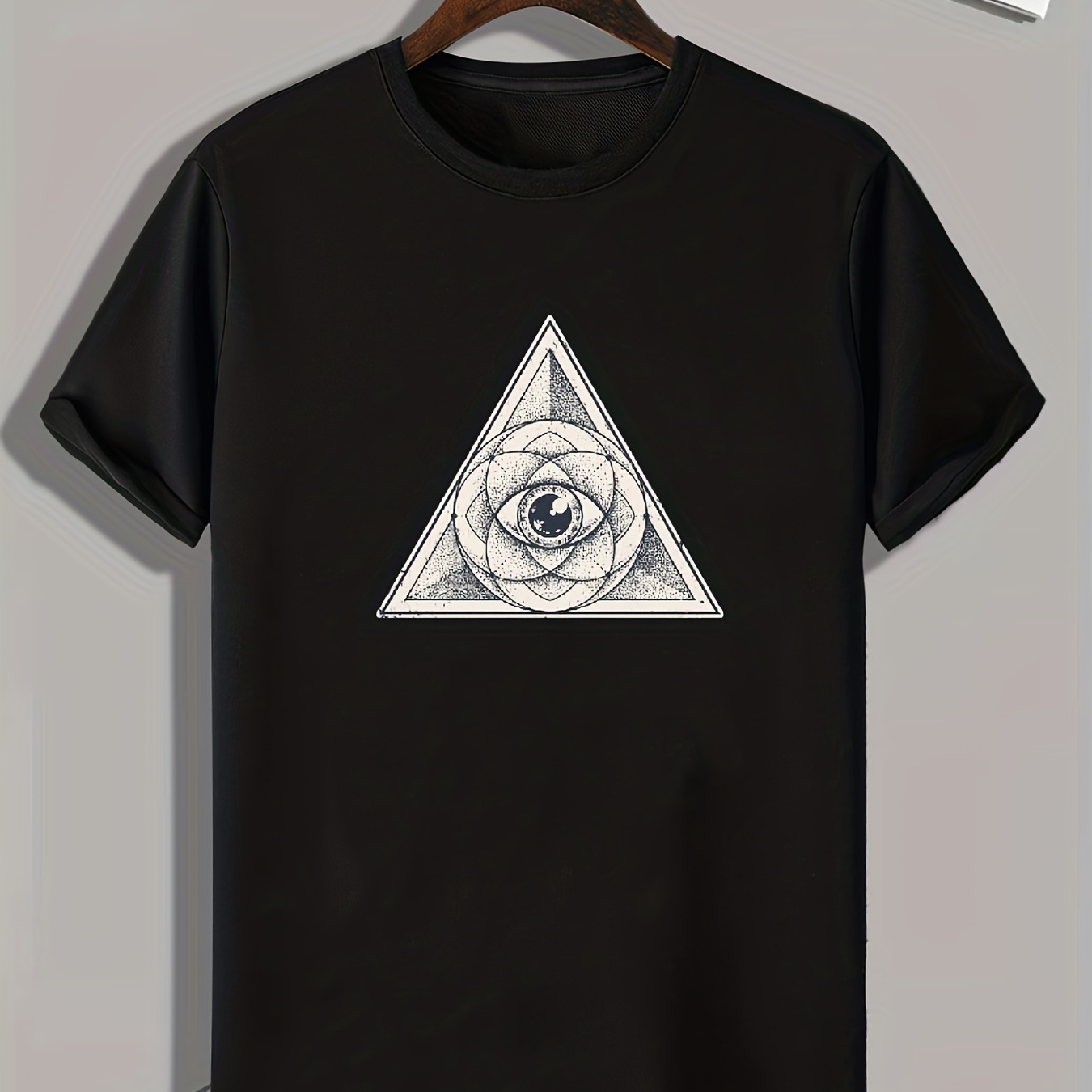 

Triangle & Eye Print, Men's Trendy Comfy T-shirt, Active Slightly Stretch Breathable Tee For Outdoor Summer