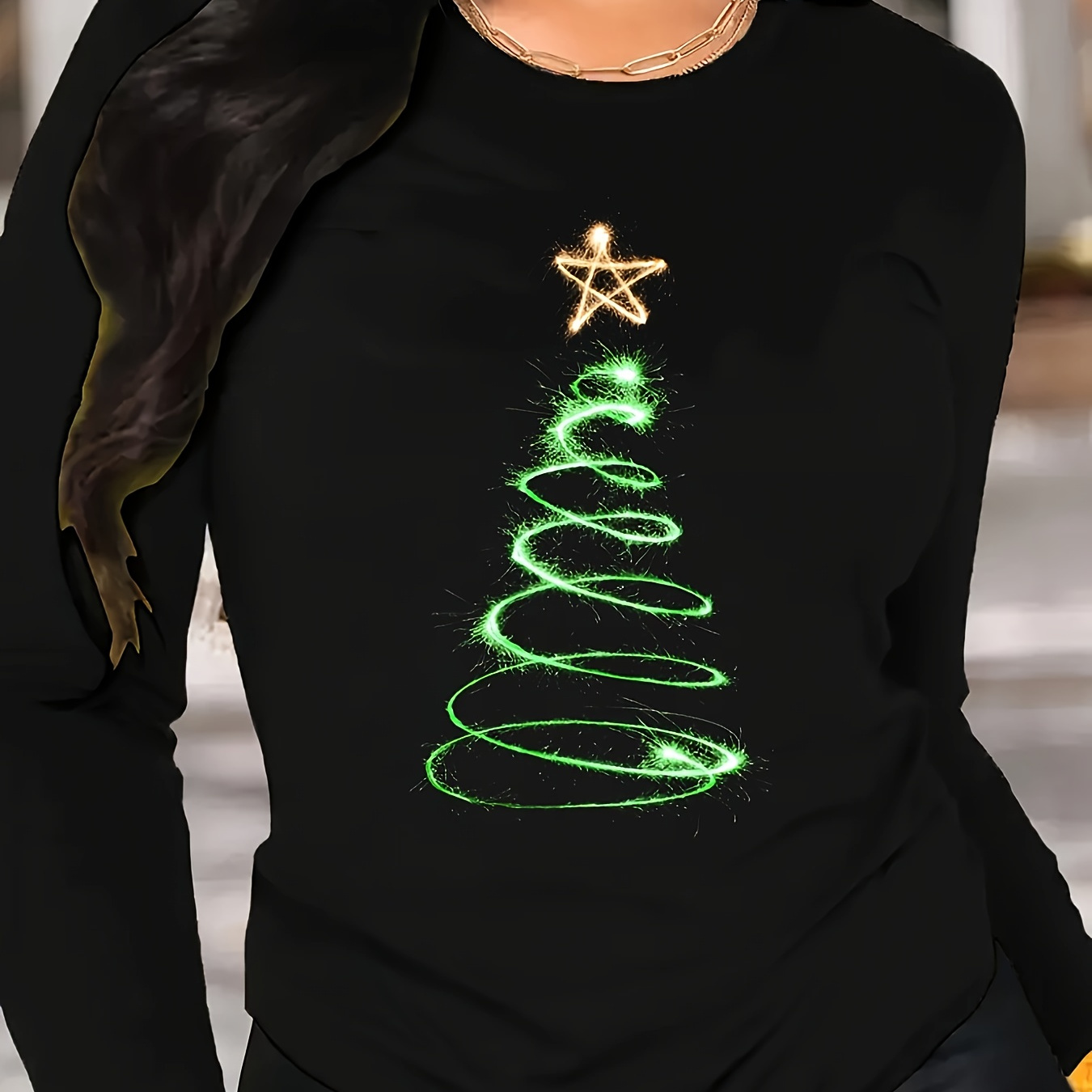 

Women's Casual Crew Neck Long Sleeve T-shirt, Christmas Tree Print, Polyester Cotton Jersey Knit Fabric, Slight Stretch, Season Top