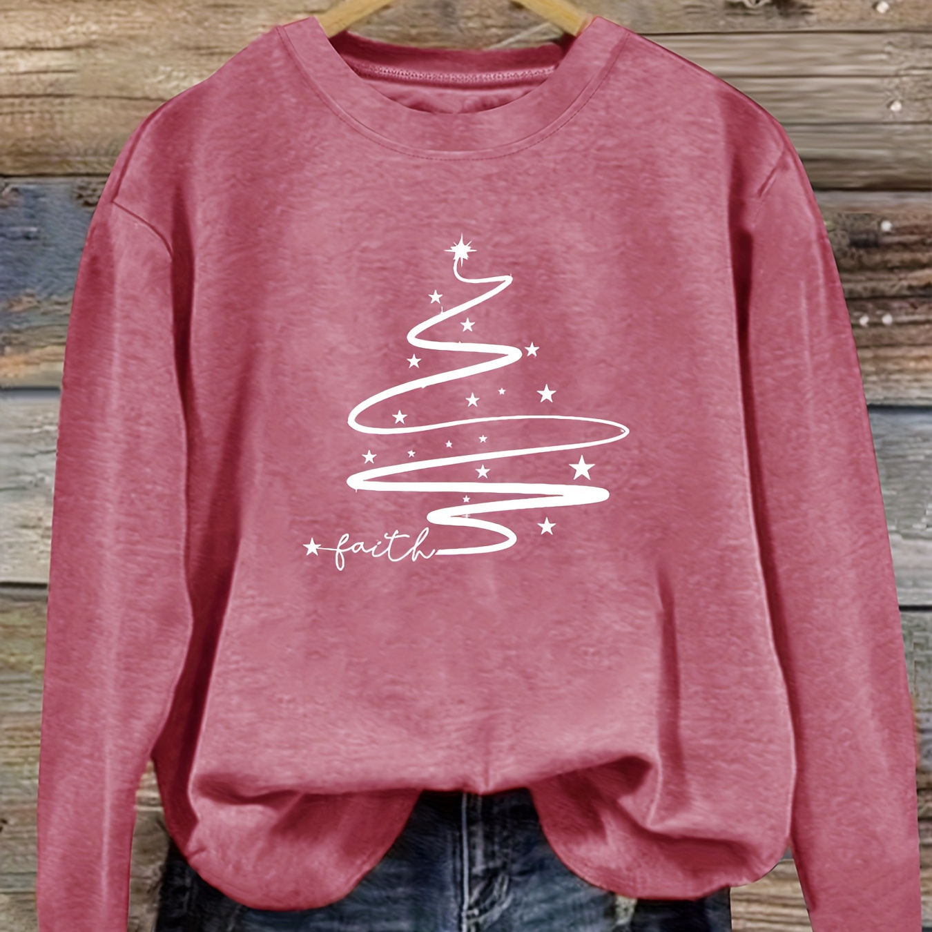 

Women's Casual Long Sleeve Crew Neck Sweatshirt With Christmas Tree & Letter Print - Soft , Machine Washable