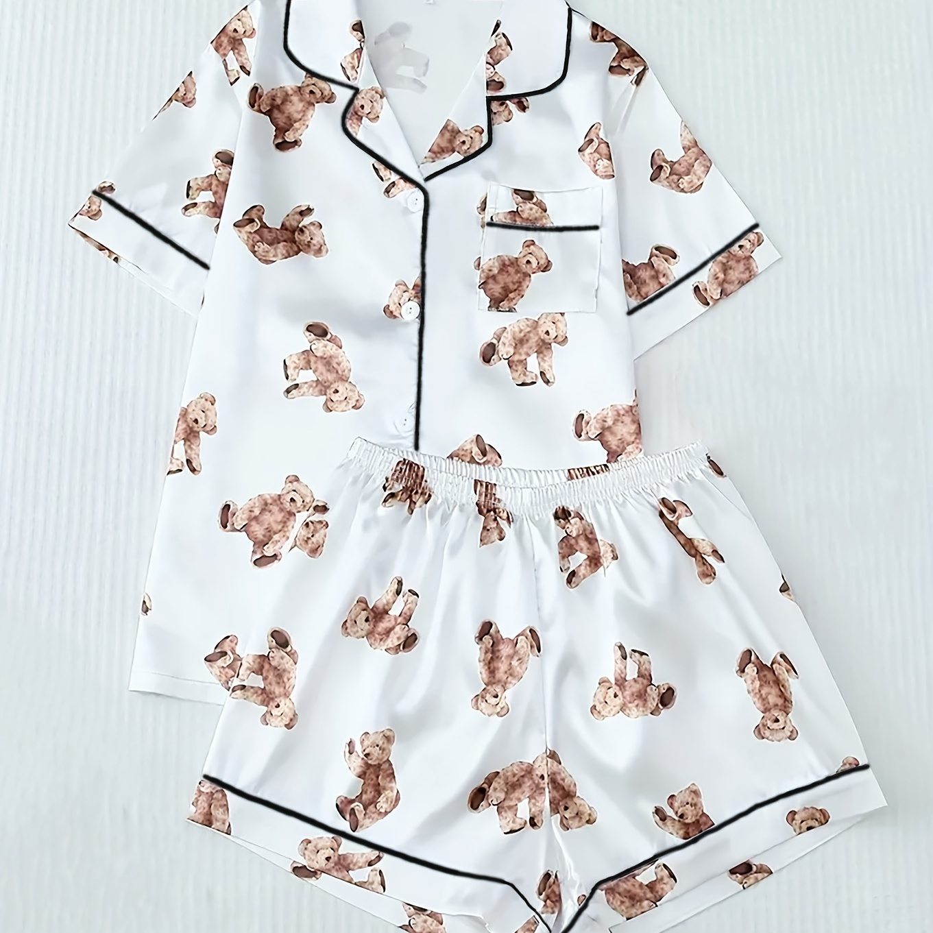 

Elegant Satin Pajama Set For Women With Teddy Bear Print, Lapel Collar Short Sleeve Top And Drawstring Shorts, Woven Polyester Blend Animal Pattern Sleepwear For All Seasons