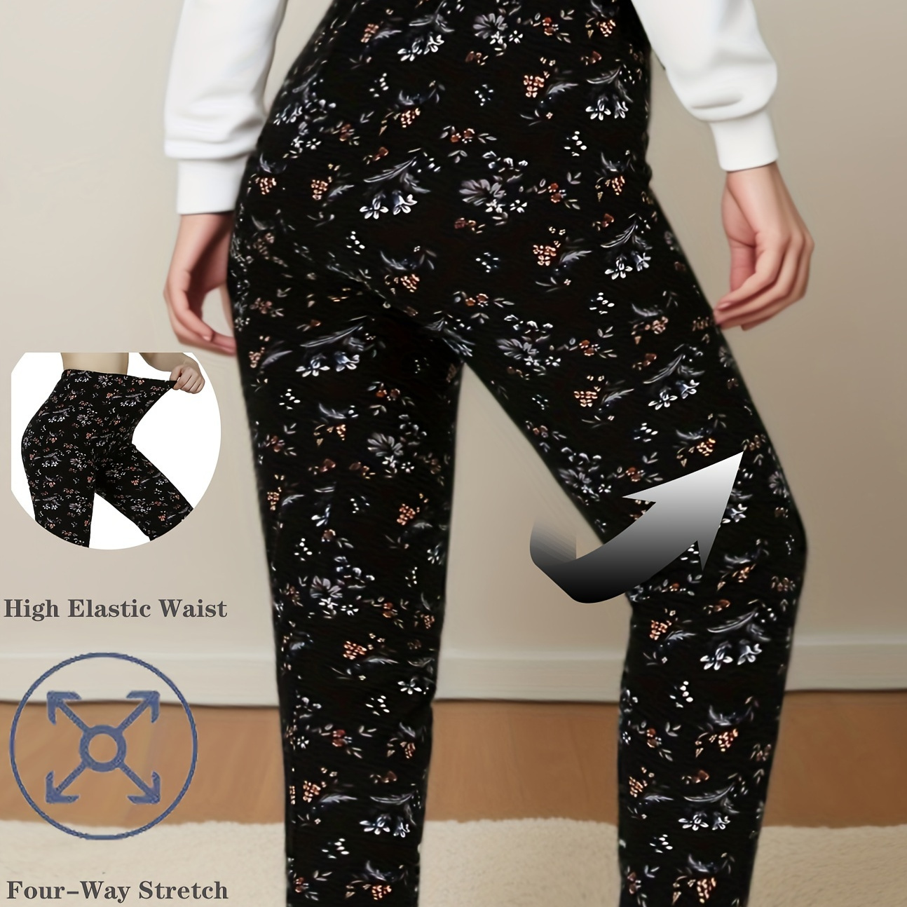 

Plus Size Women's Floral High-waist Yoga Leggings - Stretchy & Comfortable, Black With Brown Flowers Pattern, Casual Running & Fitness Tights, Machine Washable