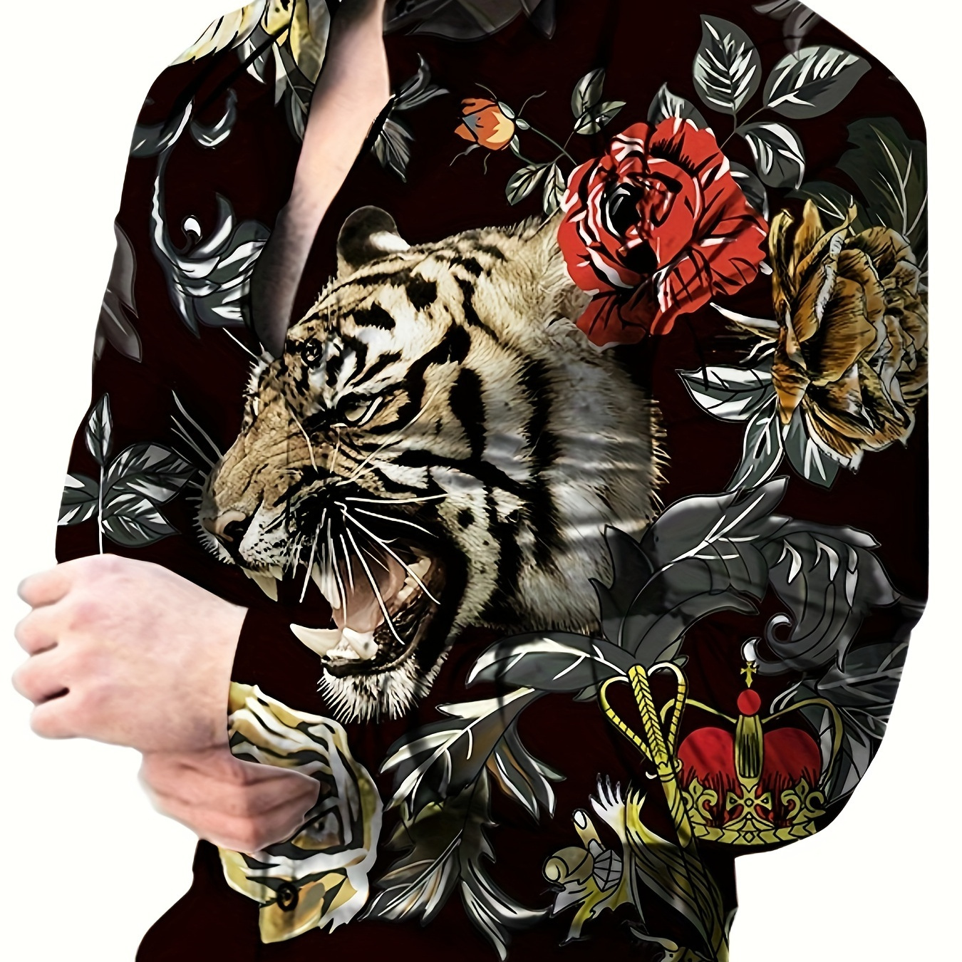 

Fierce Tiger And Flower 3d Graphic Print Men's Novelty Long Sleeve Button Up Shirt, Spring Fall, Street Style