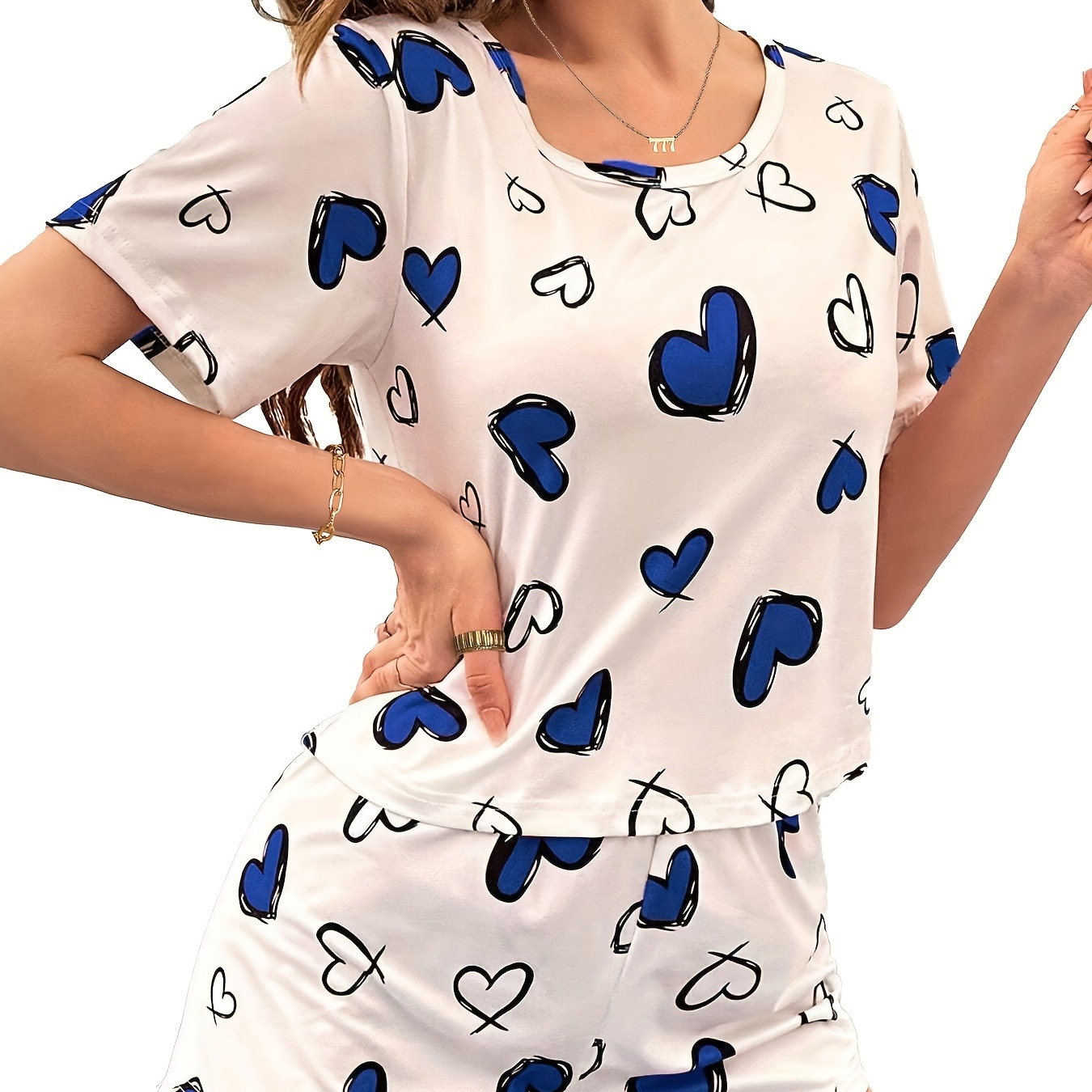 

Women's Heart Print Casual Pajama Set, Short Sleeve Round Neck Top & Shorts, Comfortable Relaxed Fit