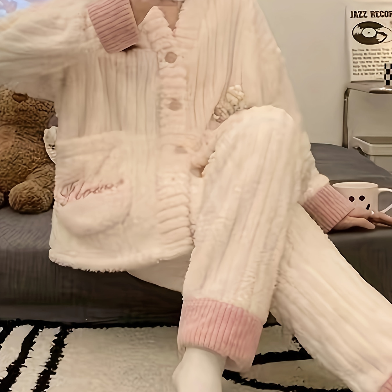 

Cozy Floral Fleece Clothing Set For Women - V-neck Long Sleeve Cardigan & Pants, Machine Washable