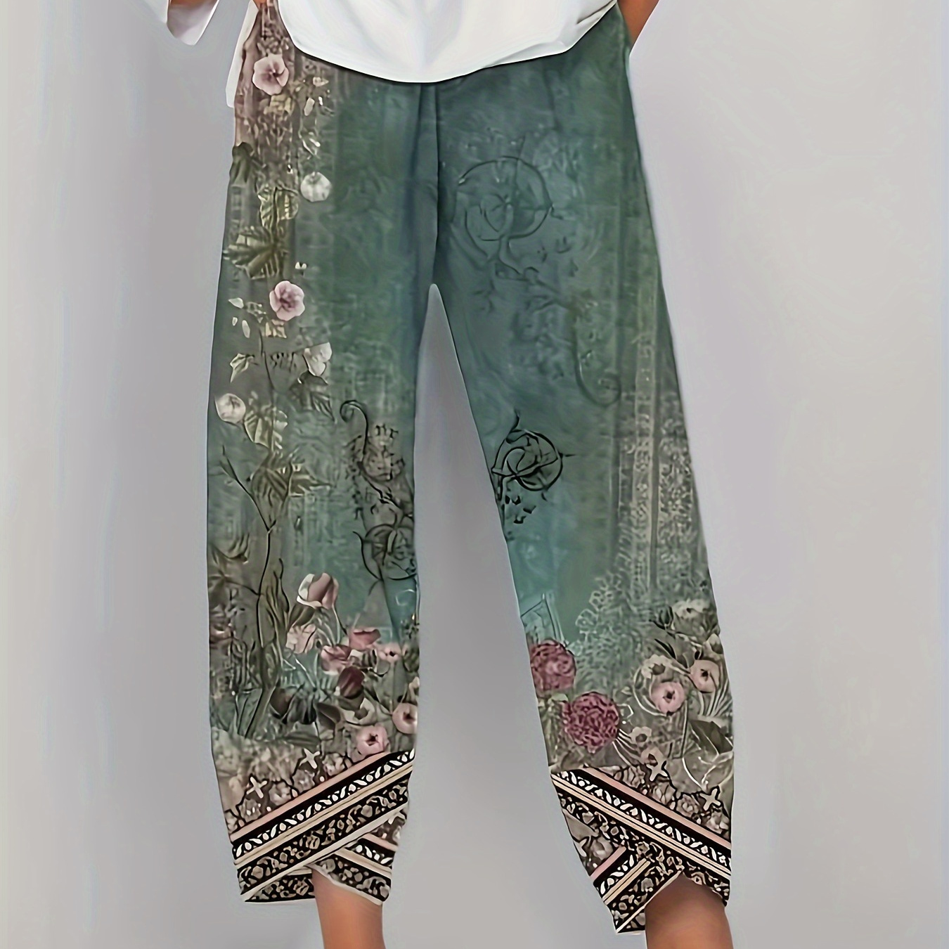 

Women's Floral Print Stretch Waist Casual Pants With Pockets - Polyester And Spandex Blend, Machine Washable, Fall, Casual Wear Pants|print Casualwear|stretchable Fabric, High Waisted Leggings