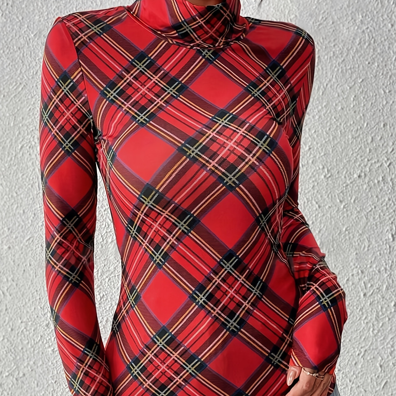 

Elegant Red Turtleneck Long Sleeve Top - 100% Polyester, Machine Washable, Ideal For Spring & Fall - Chic High-necked Blouse With Stretch Fabric