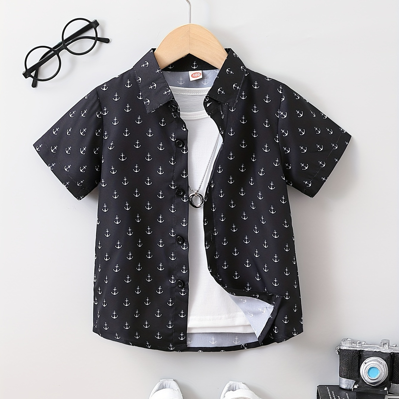 

Anchor Print Boys Creative Shirt, Casual Short Sleeve Lapel Shirt Tops, Boys Clothes For Summer Outdoor