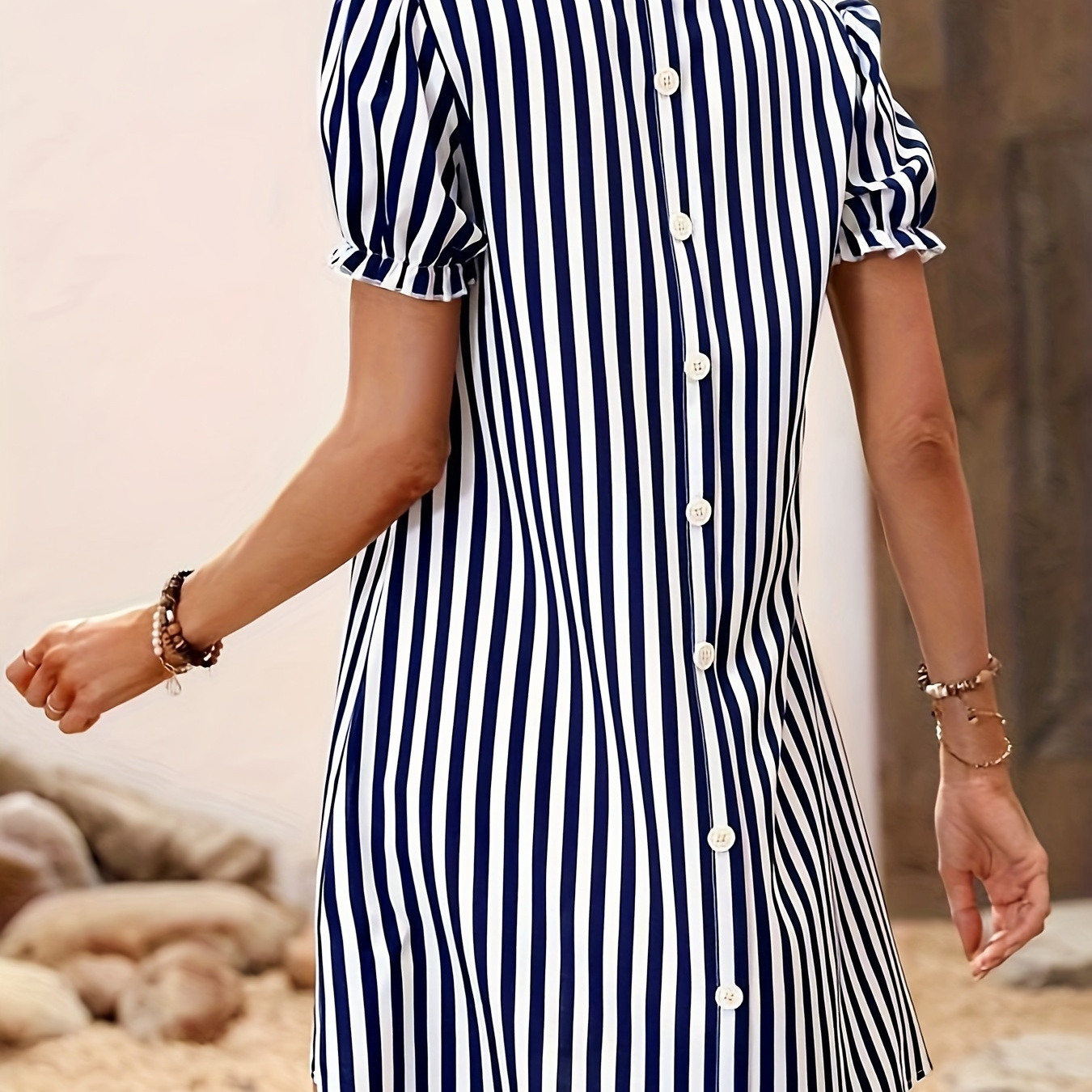 

Striped Button Back Dress, Casual Puff Short Sleeve V-neck Dress, Women's Clothing