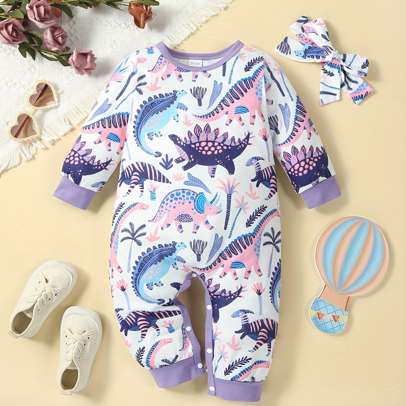 

Cute & Comfy Cartoon Dinosaur Allover Print One-piece Baby Girls Romper