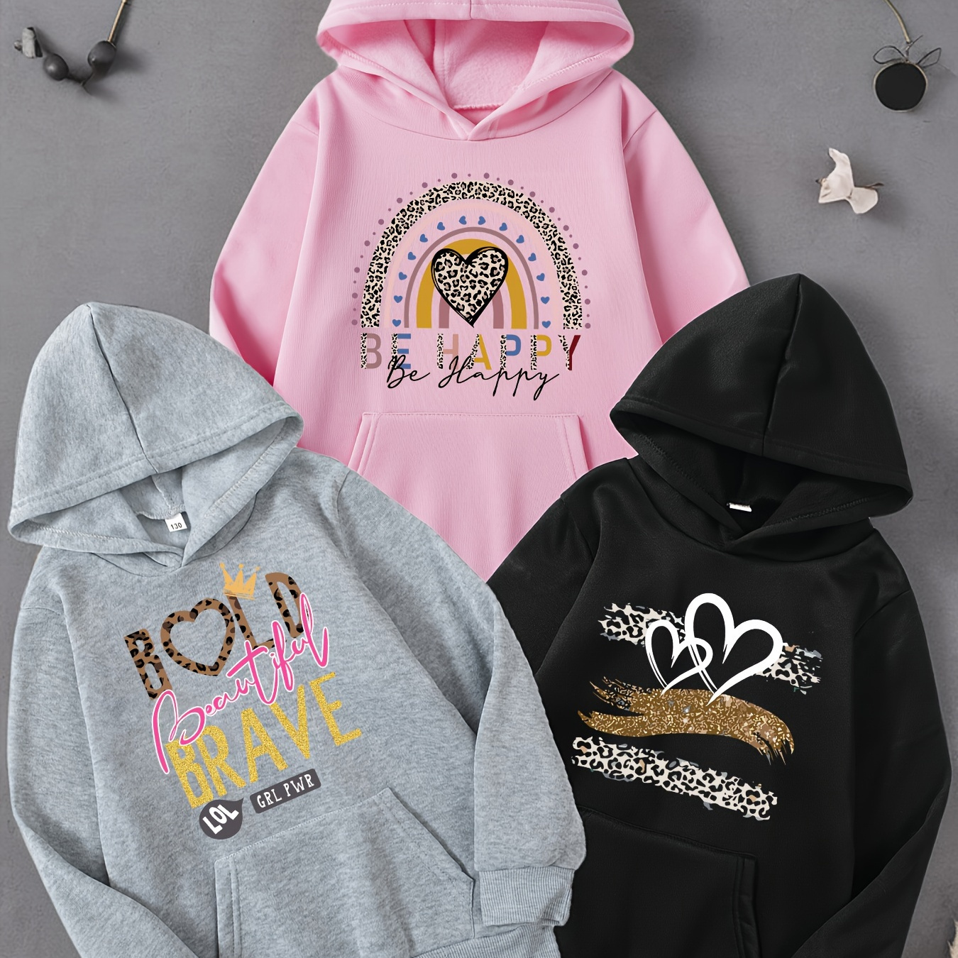 

3-pack Girls' Fashion Hoodies With Cute Patterns, Casual Polyester Pullovers With Hood, Long-sleeve, Regular Fit, Knit Fabric, Pocket Detail, For - Spring/fall Collection