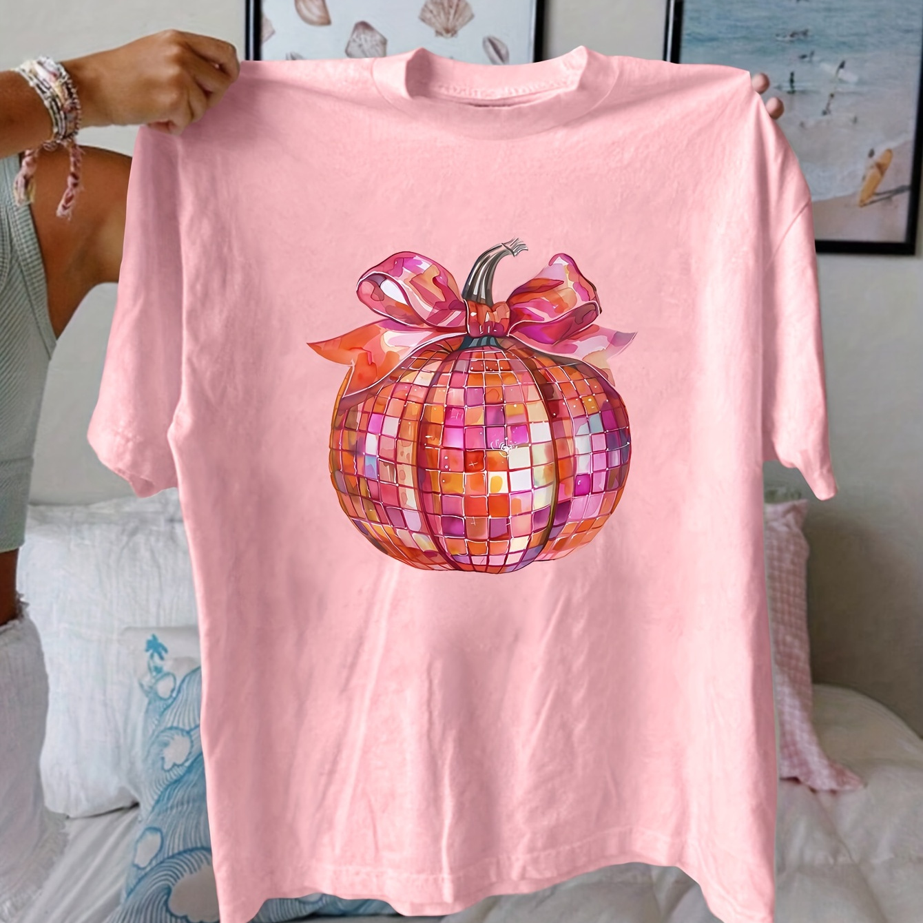 

Women's Pumpkin Graphic Print T-shirt - 95% Polyester 5% Elastane Knit Fabric, Casual Crew Neck, Short Sleeve Top For Summer