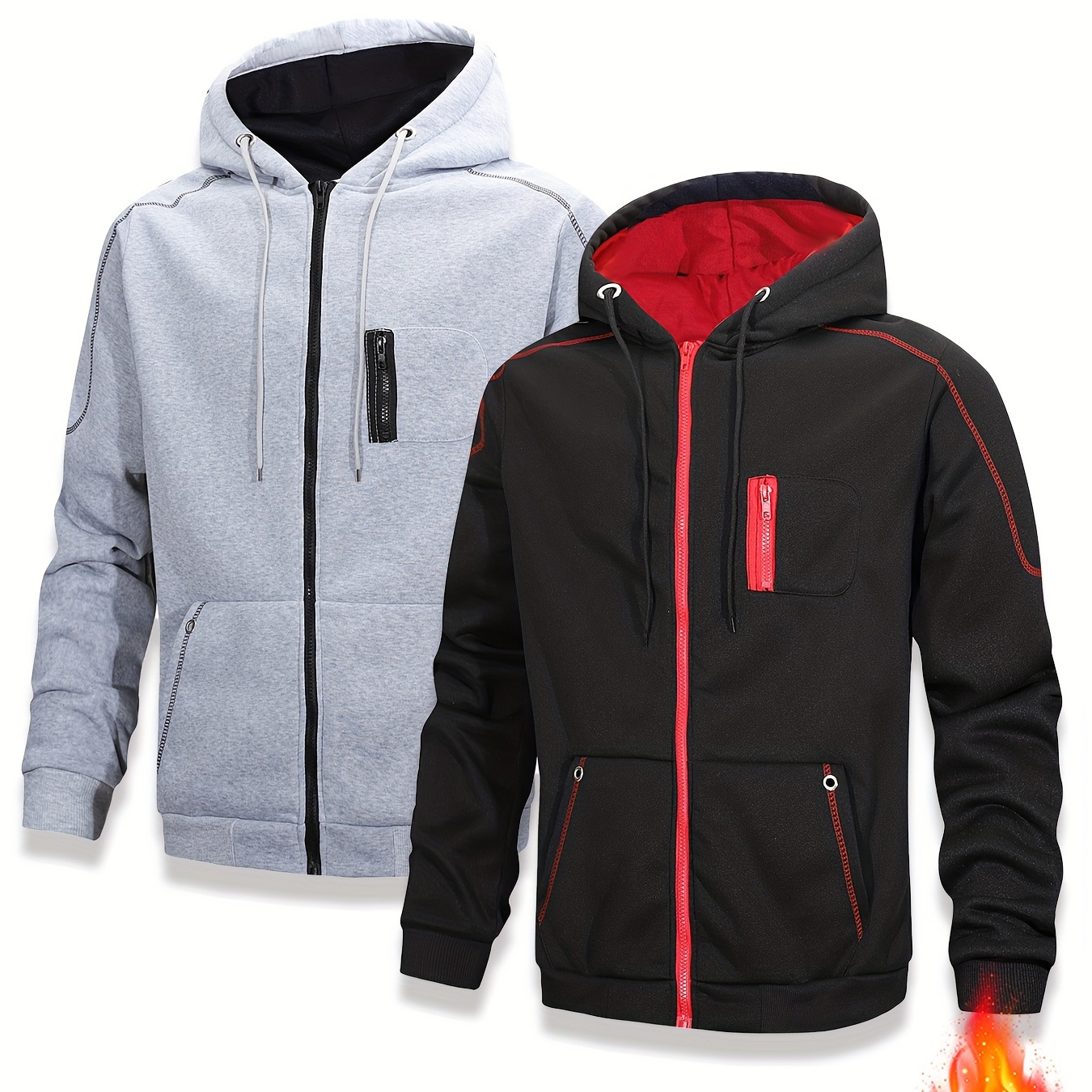 

Winter , Men's 2pcs Fleece-lined Hooded Jacket Set - Casual Zip-up Windbreakers With Multiple Pockets, Fall & Winter