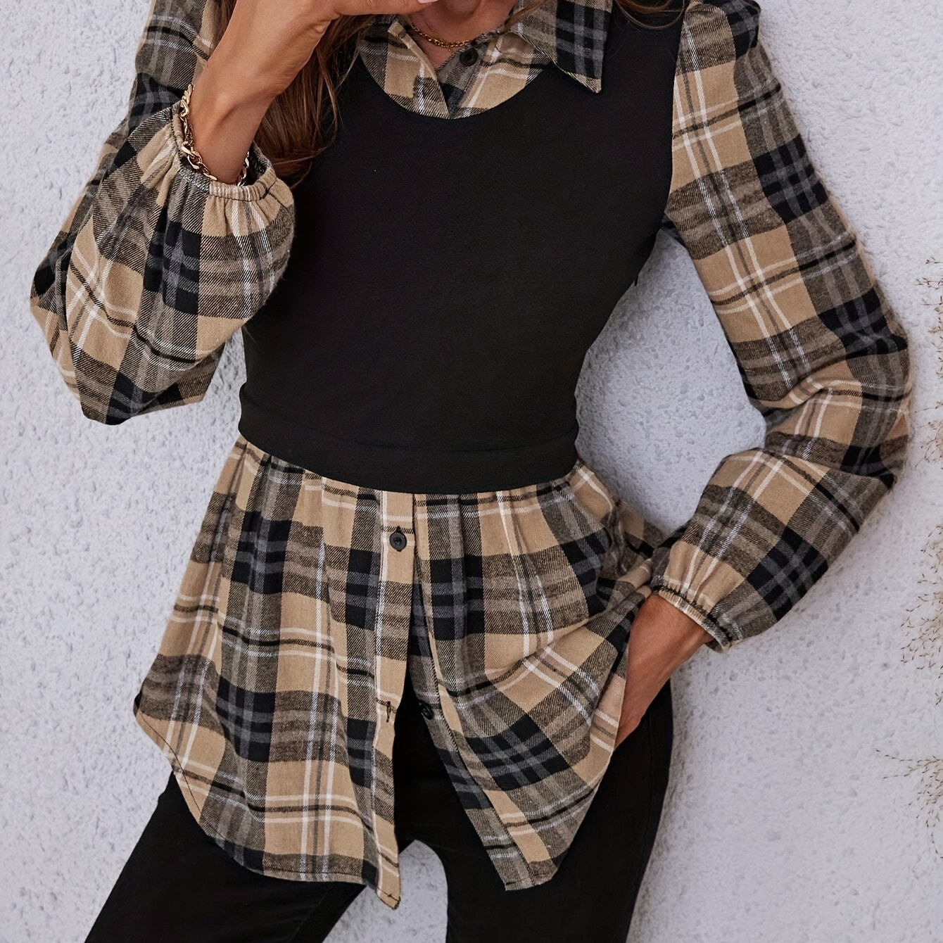 

Elegant Lantern Sleeve Blouse, Polyester Peplum Shirt, Casual Geometric Print, With Detail, With Zipper Front, For Fall - Women's Long Sleeve Pea Coat Collar Top