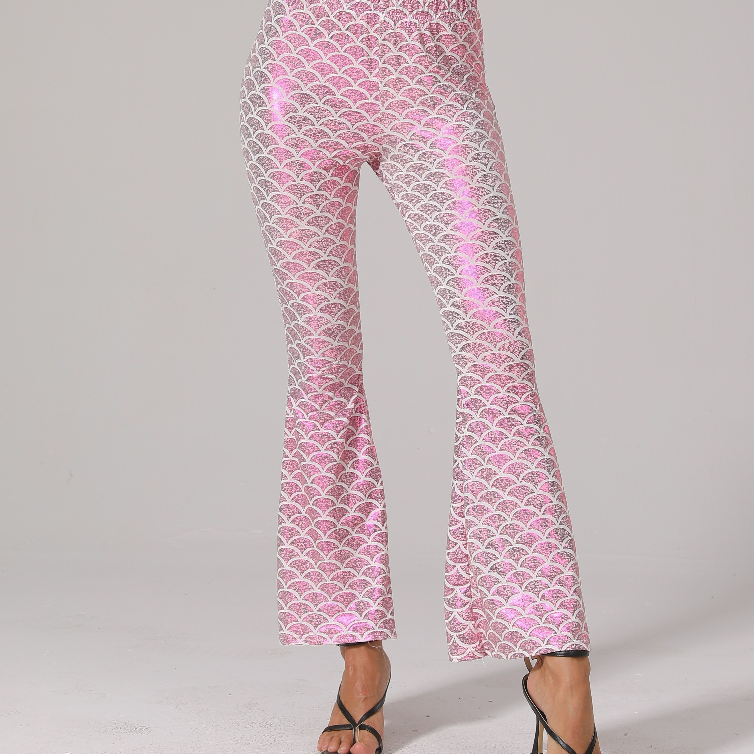 

Fish Scale Print Flare Leg Pants, Casual Elastic Waist Slim Pants, Women's Clothing