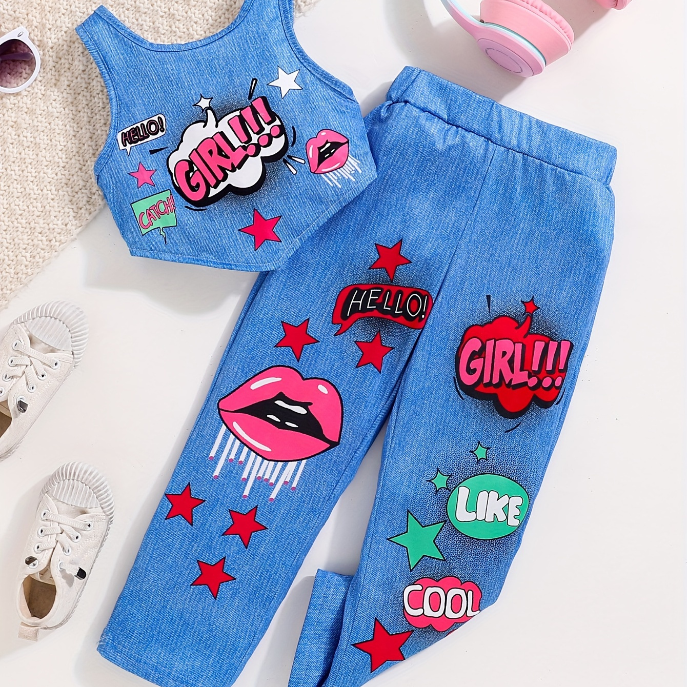 

2pcs, Letters Graphic Imitation Denim Sleeveless Top + Pants Set For Girls, Comfy And Trendy Summer Outfit