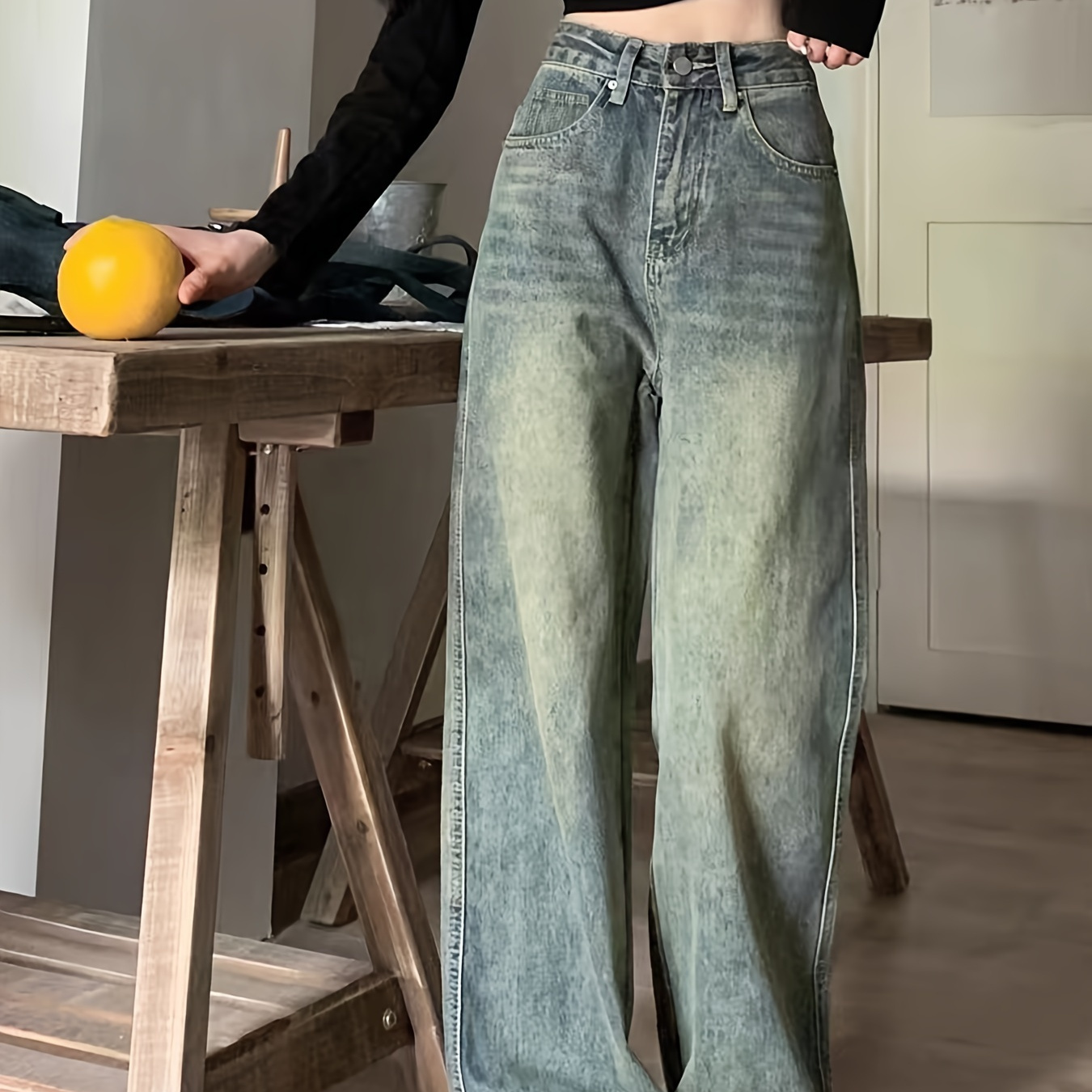 

Women's Casual High-waisted Vintage Washed Denim Wide Leg Pants, Classic Retro Style Jeans, Relaxed Fit Streetwear For Autumn