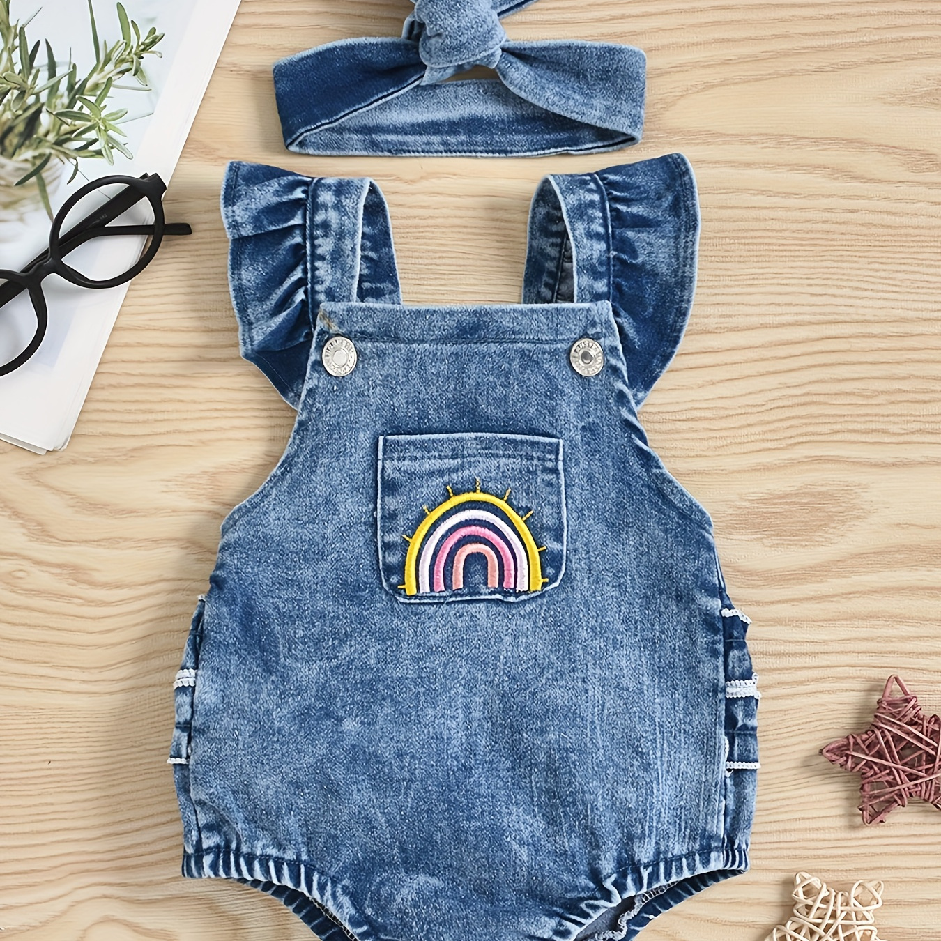 

Infant Toddler Girls Denim Rainbow Print Bib Romper + Matching Headband Set