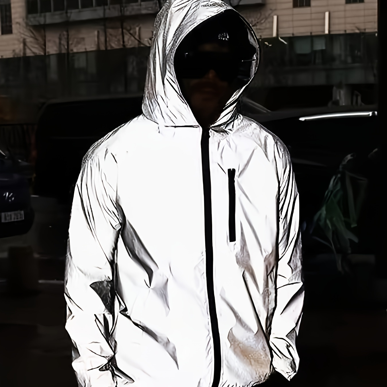 

Men's Reflective Hooded Jacket, 100% Polyester Solid Color Non-stretch Fabric, Regular Long Sleeve Zipper Coat With Flared Hem For Spring/fall